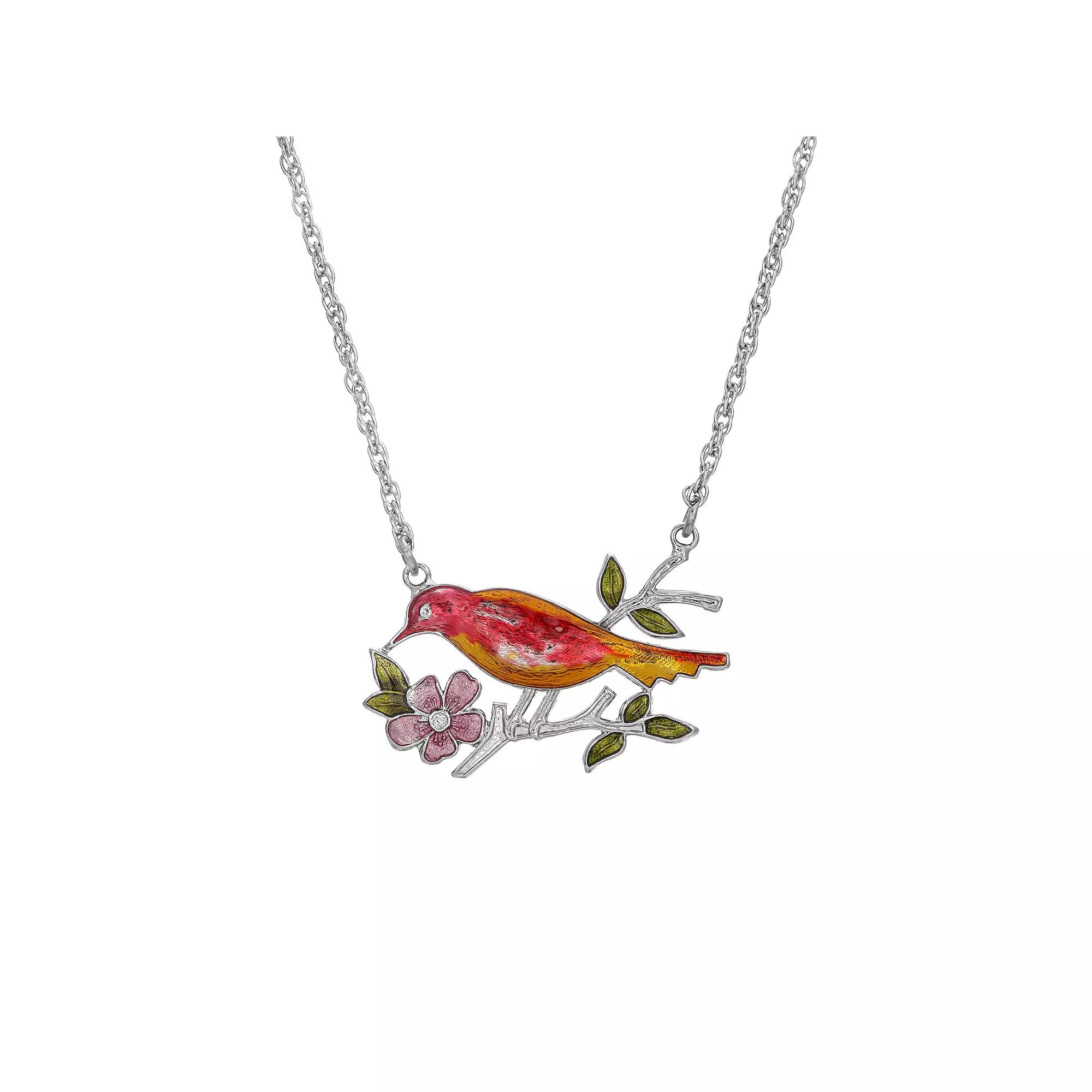 1928 Silver Tone Enamel Bird & Flower Necklace, Womens, Red Product Image