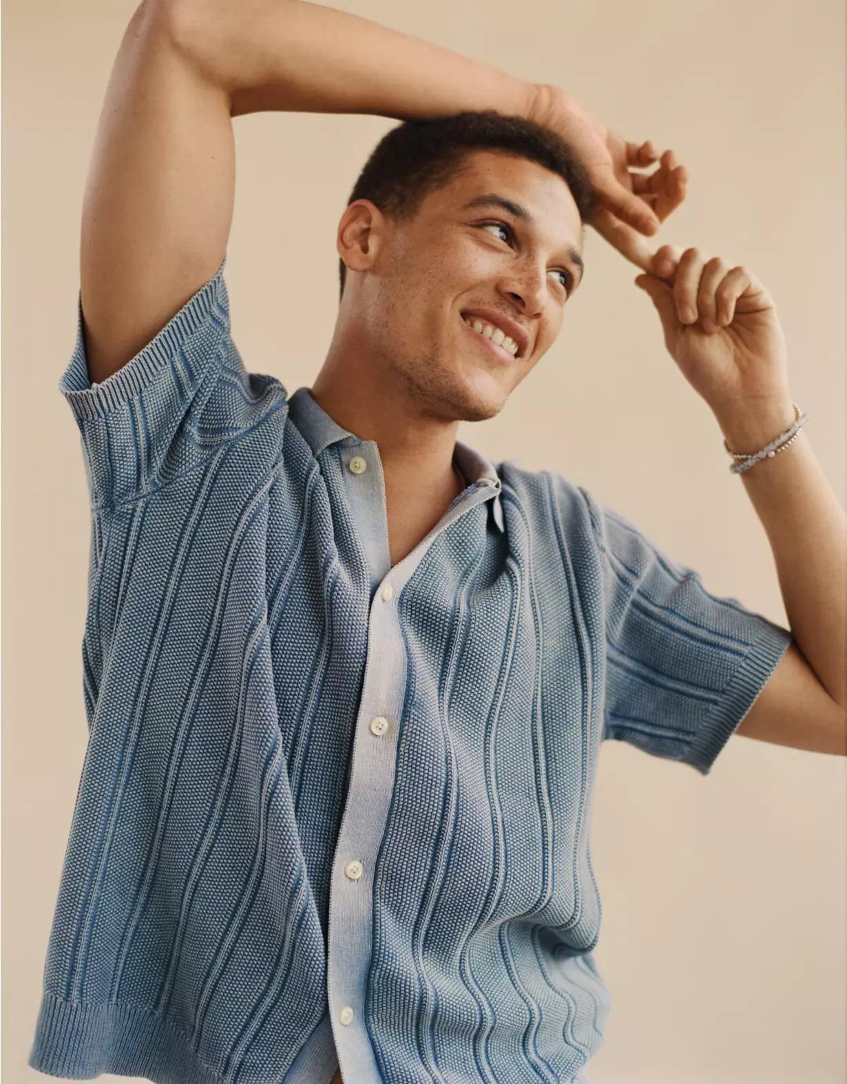 AE Weekend Washed Button-Up Sweater Polo Shirt Product Image