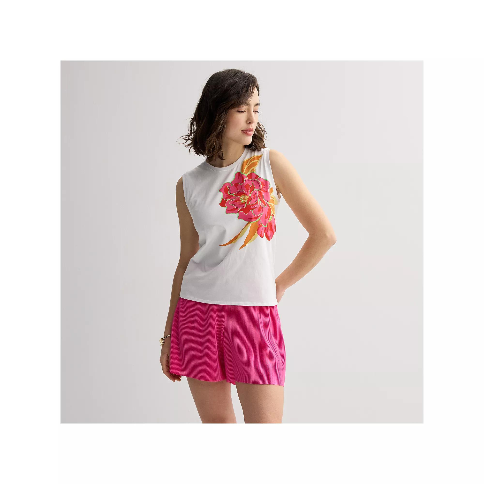 Women's INTEMPO™ Rhinestone Embellished Flower Print Tank Top, Size: Small, White Product Image