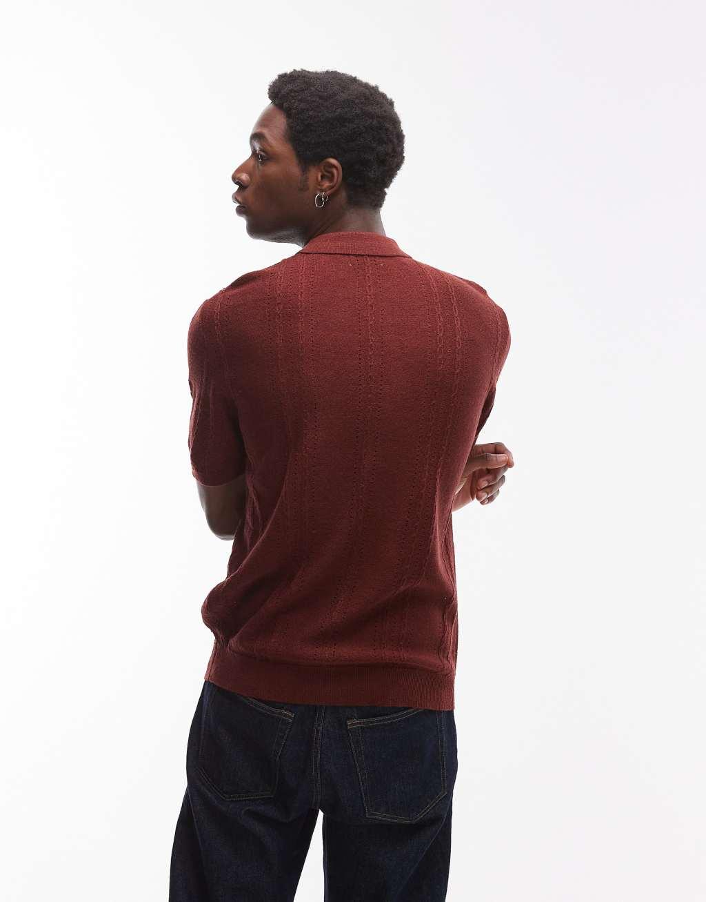 Topman knit short sleeve quarter zip textured polo shirt in brown Product Image