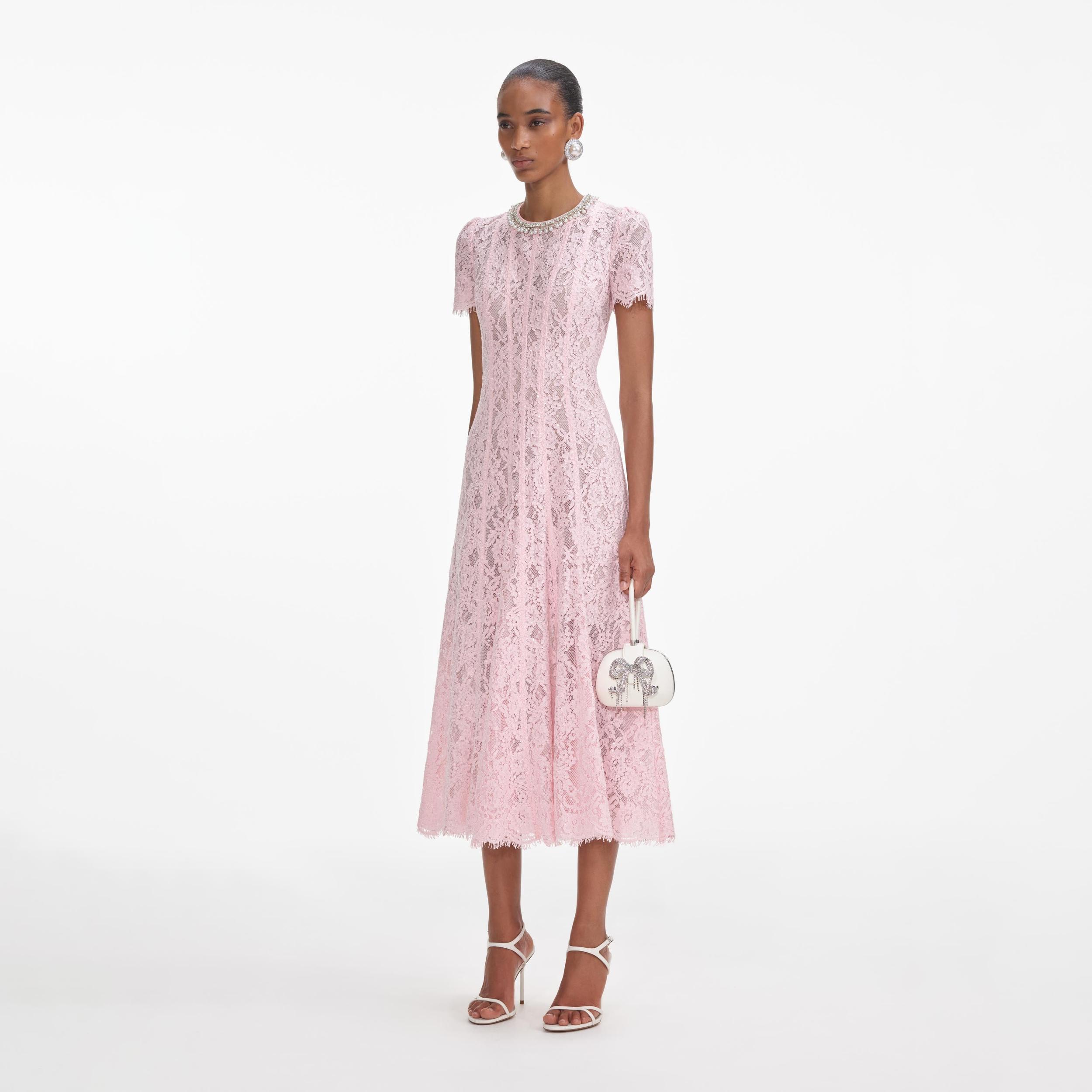 Pink Lace Embellished Midi Dress Product Image