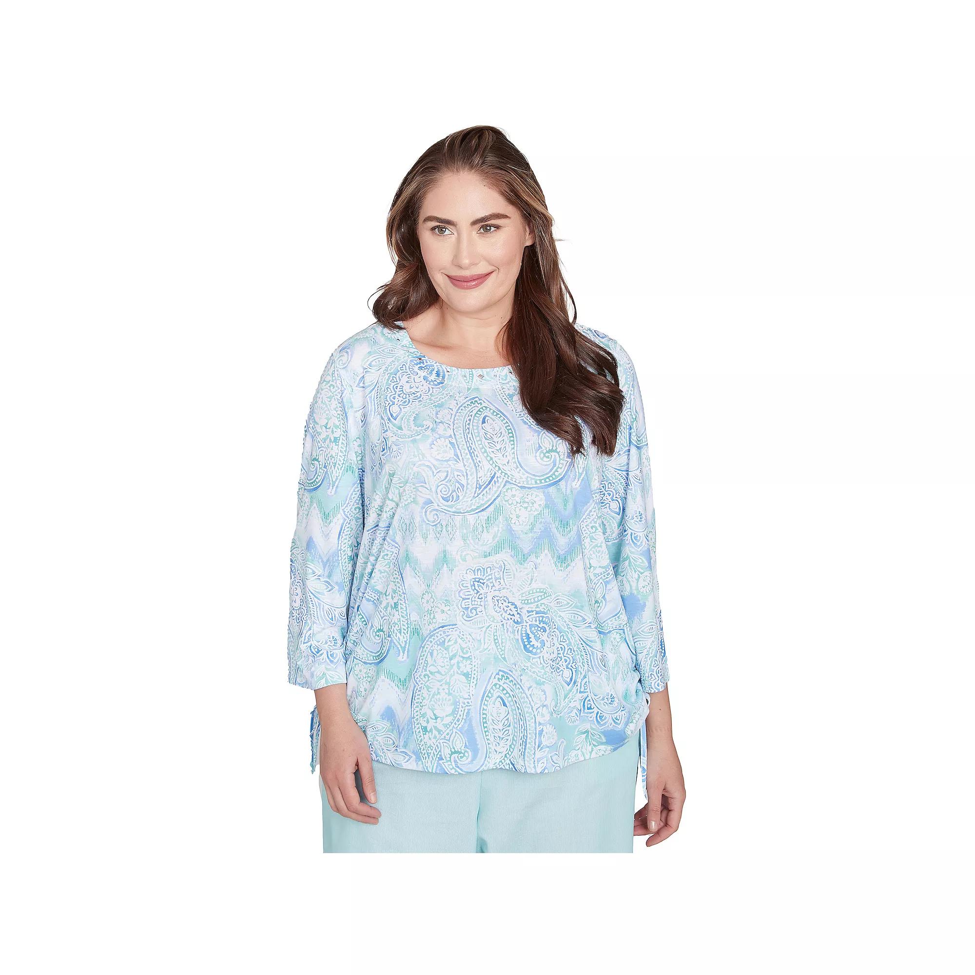 Plus Size Alfred Dunner Island Mint Paisley Ruched Side Top, Women's, Size: 3XL, Green Team Product Image