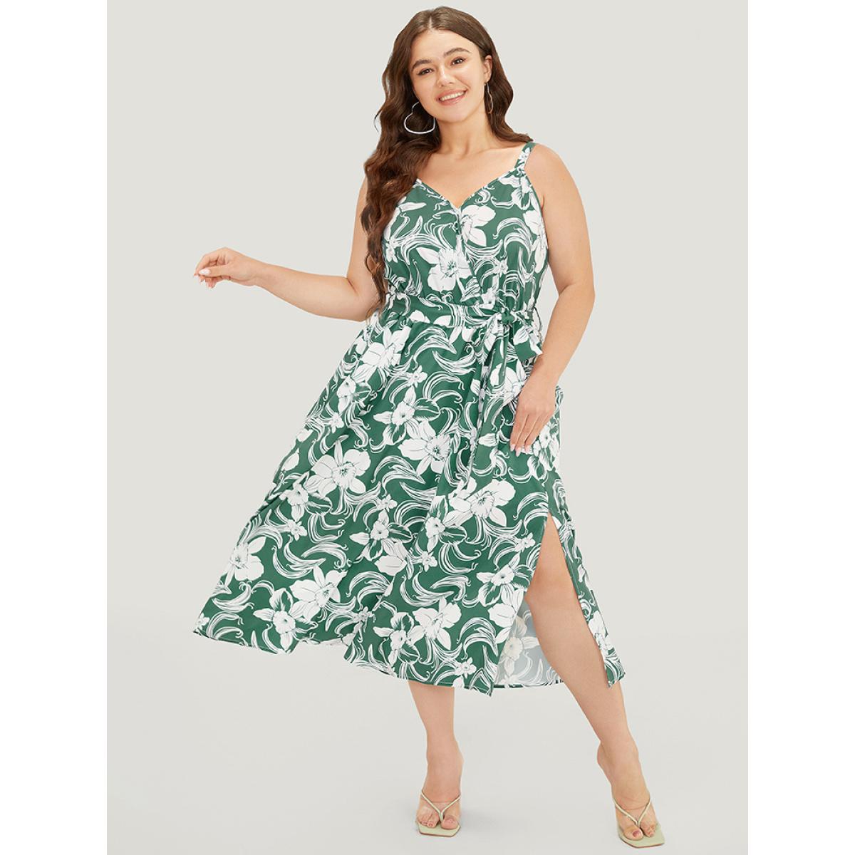 Plus Size Floral Split Flutter Hem Wrap Pocket Belted Cami Dress Green Women Elegant Adjustable Straps V-neck Sleeveless Curvy Midi Dress BloomChic 10/M Product Image