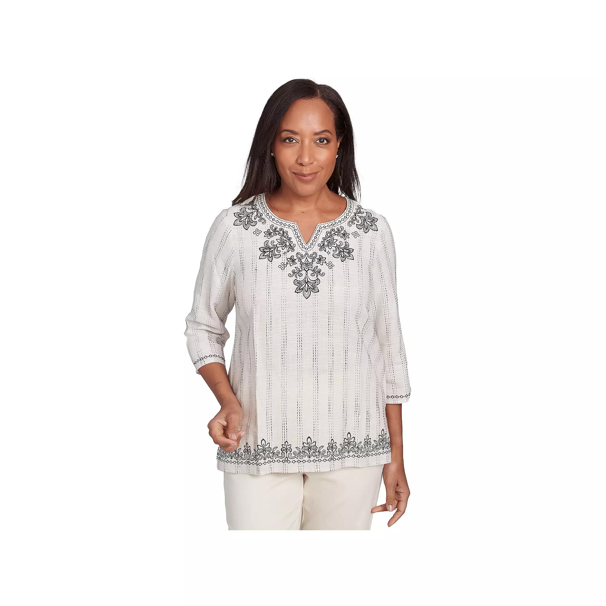 Alfred Dunner Women's Textured Medallion Embroidered Top, Size: Small, Black Team Product Image