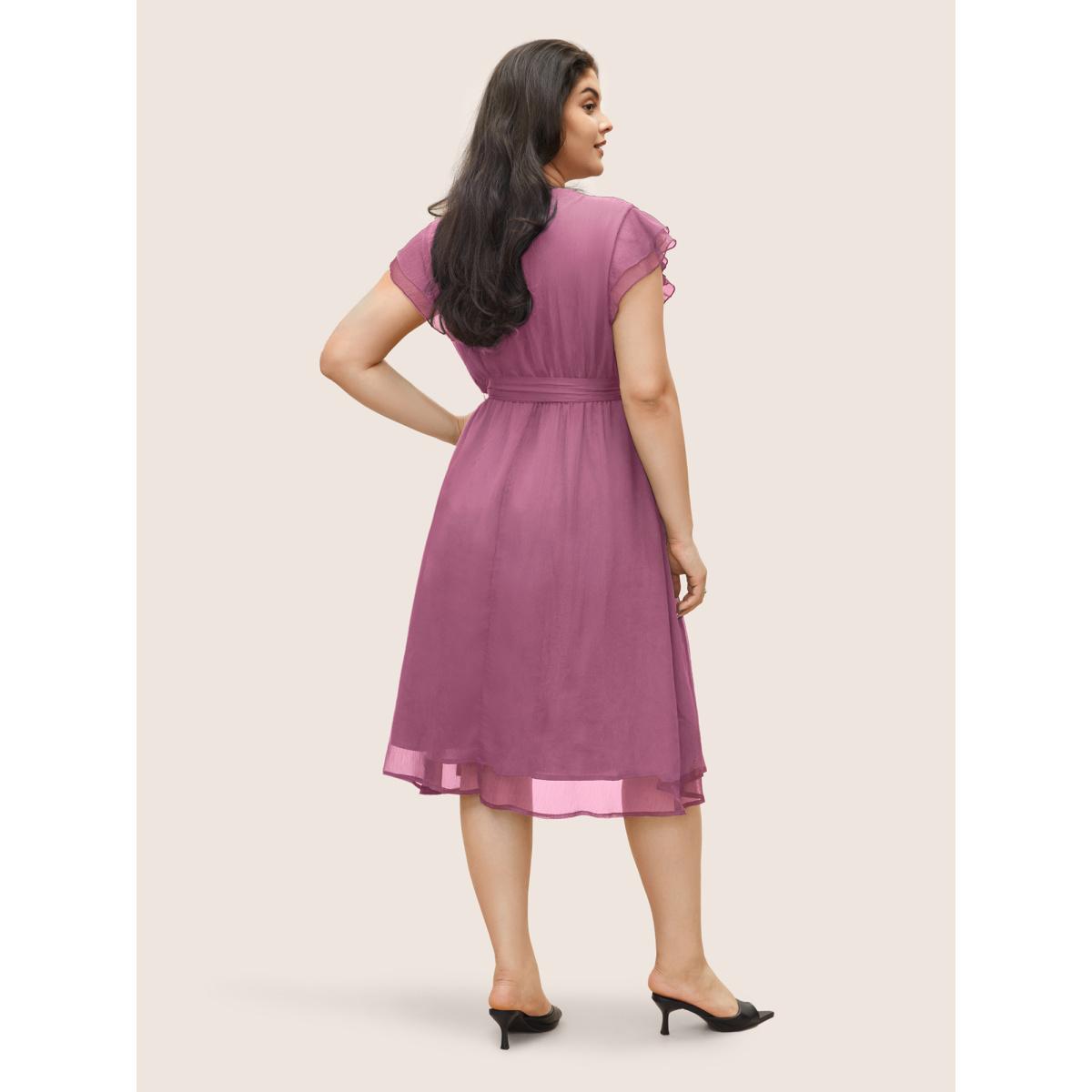 Plus Size Solid Mesh Belted Ruffle Cap Sleeve Dress Lilac Women At the Office Non Round Neck Cap Sleeve Curvy Midi Dress BloomChic 30/6X Product Image