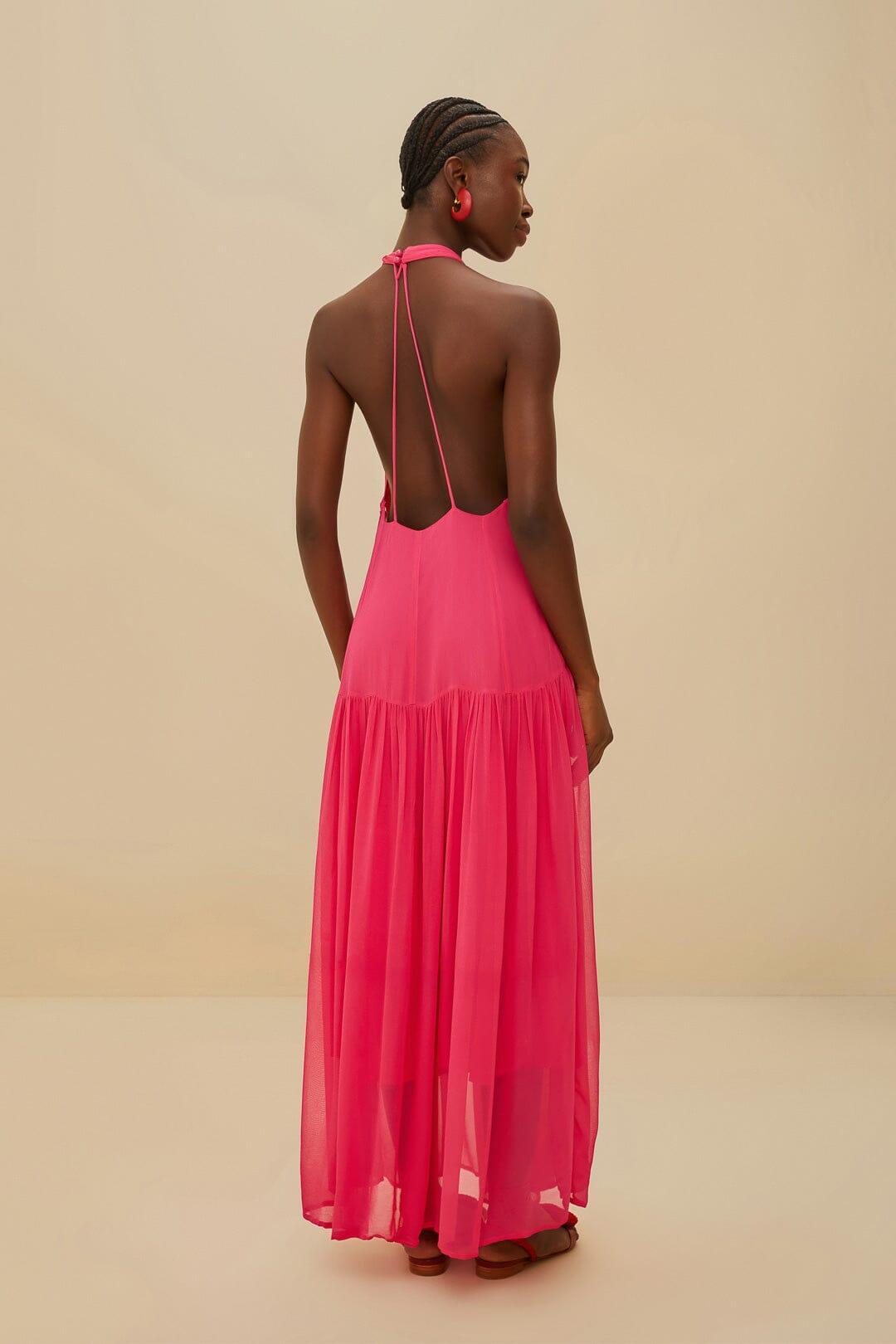 Pink Flower Halter Neck Maxi Dress Product Image