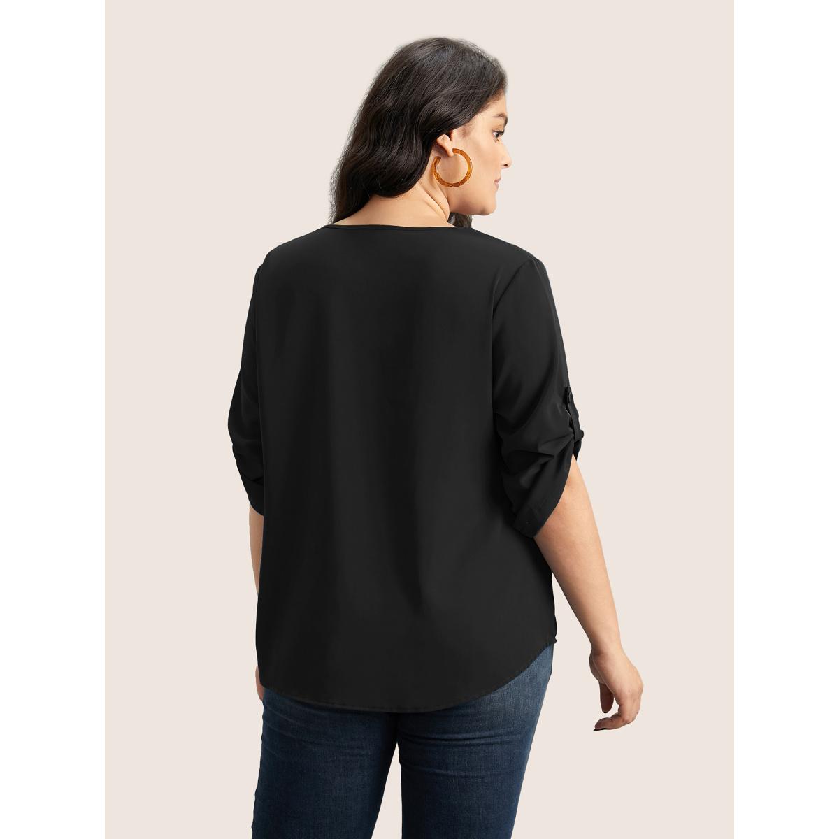 Plus Size Black V Neck Plain Pleated Tab Sleeve Blouse Women Office Elbow-length sleeve V-neck Office Blouses BloomChic 12/L Product Image