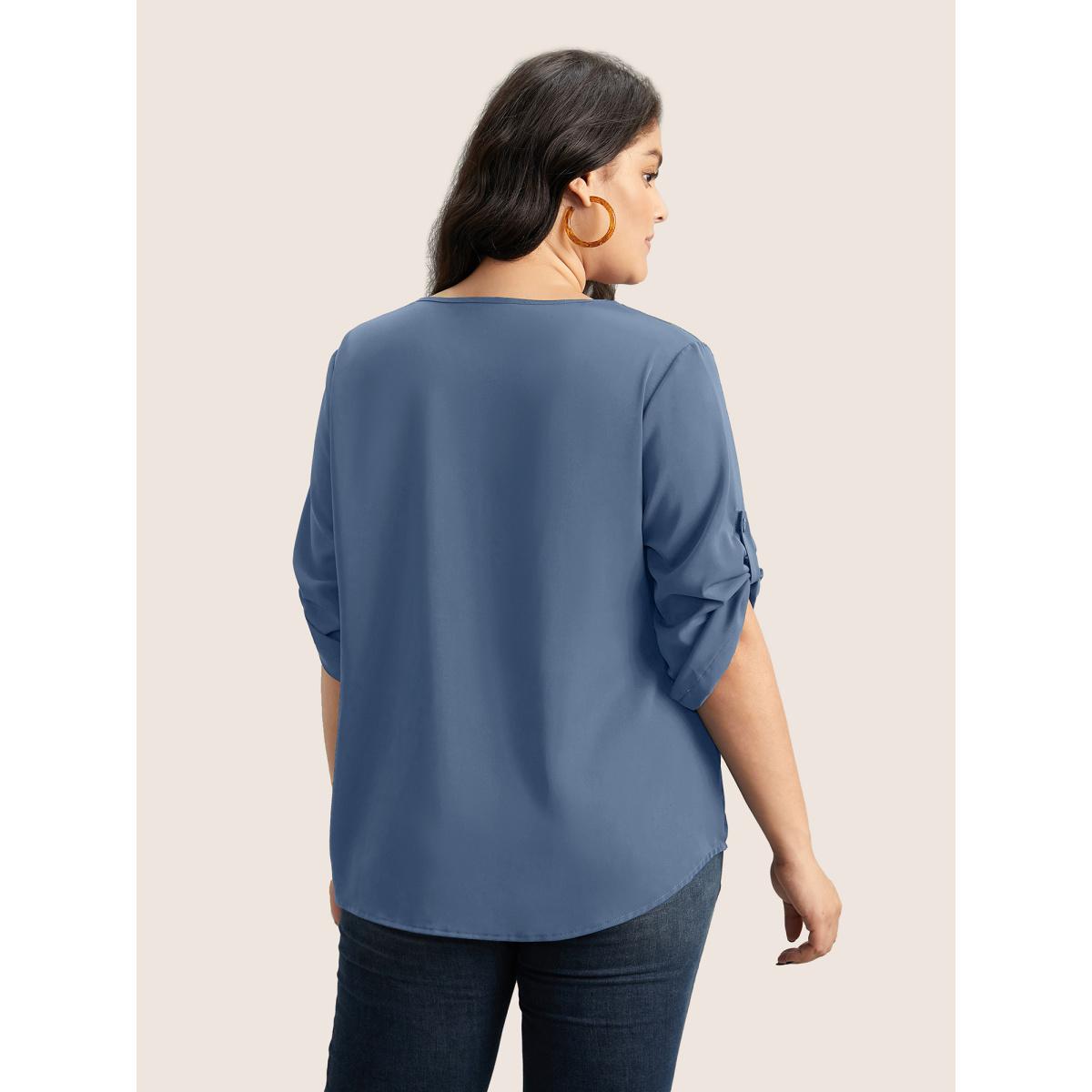 Plus Size Stone V Neck Plain Pleated Tab Sleeve Blouse Women Office Elbow-length sleeve V-neck Office Blouses BloomChic 12/L Product Image