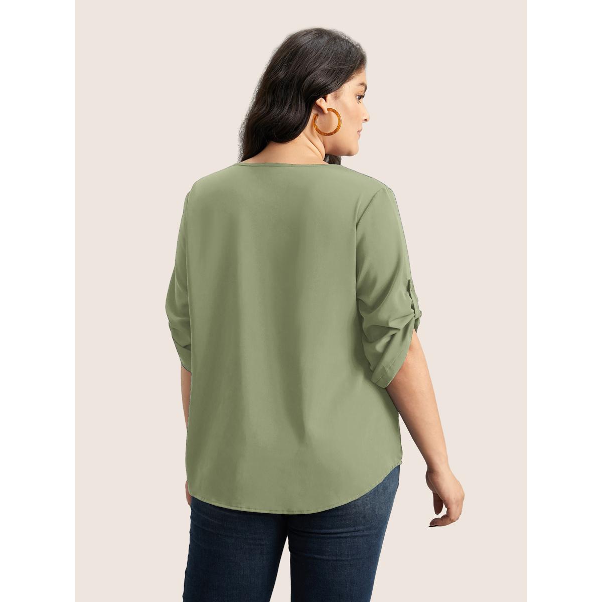 Plus Size Sage V Neck Plain Pleated Tab Sleeve Blouse Women At the Office Elbow-length sleeve V-neck Work Blouses BloomChic 14-16/1X Product Image
