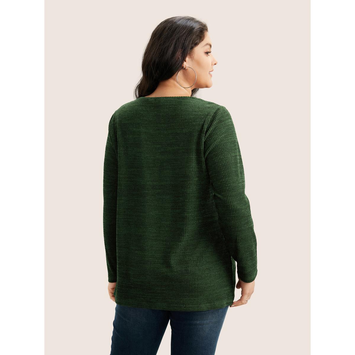 Plus Size Solid Rib Knit Button Detail T-shirt Red Women Leisure Non Plain V-neck Casual T-shirts BloomChic 12/L Product Image