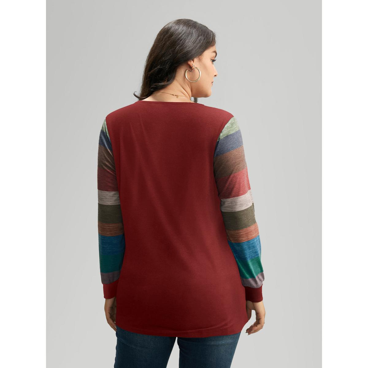 Plus Size Colorblock Contrast V Neck Button Up T-shirt Scarlet Women Casual Elastic cuffs Striped V-neck Everyday T-shirts BloomChic 10/M Product Image