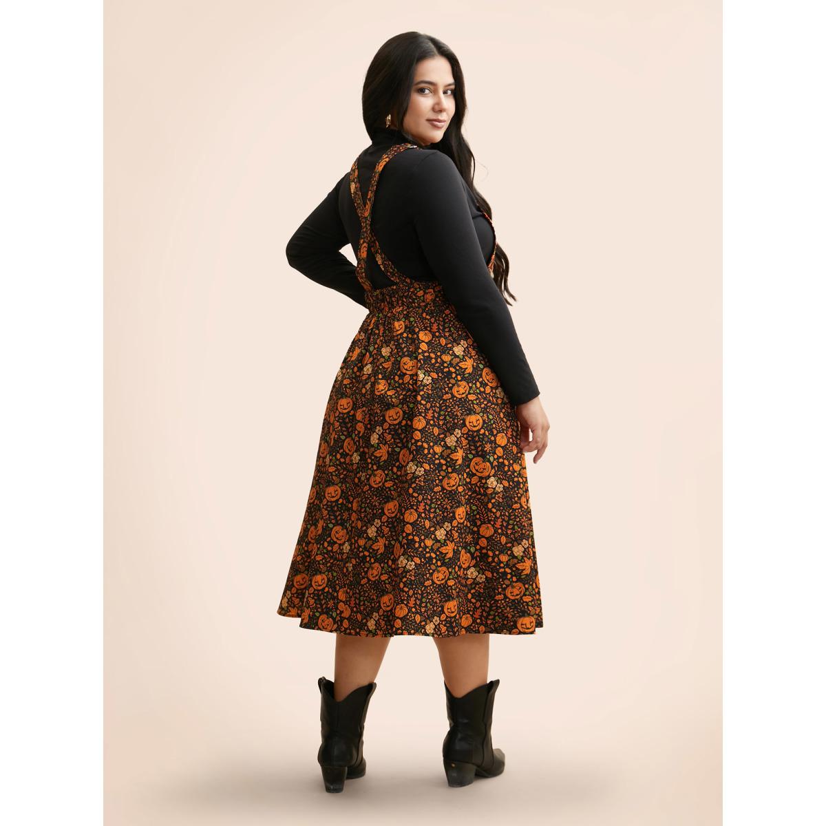 Plus Size Pumpkin Print Suspender Midi Dress Black Women Casual Non Party Curvy Bloomchic 18-20/2X Product Image