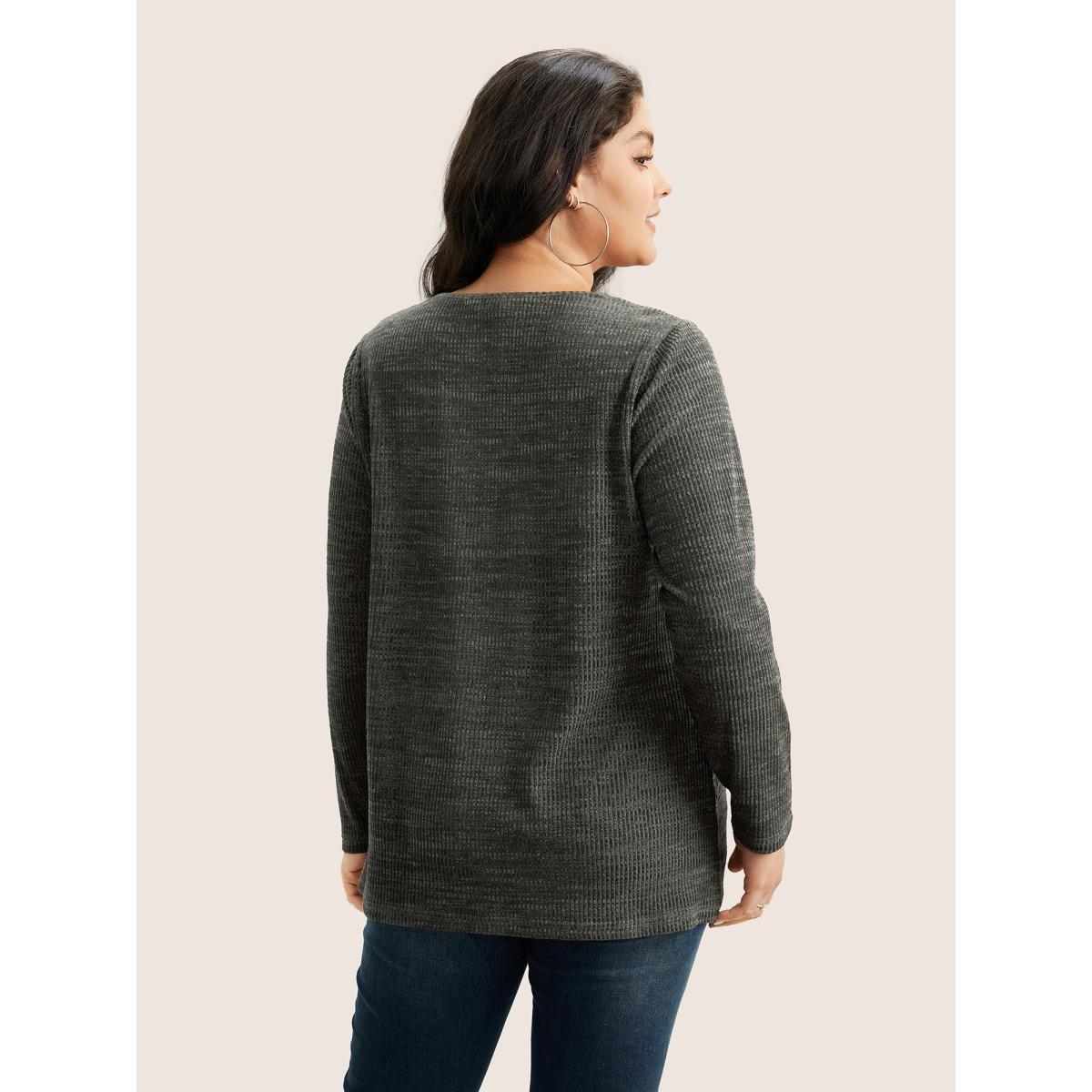 Plus Size Solid Rib Knit Button Detail T-shirt Gray Women Casual Non Plain V-neck Everyday T-shirts BloomChic 10/M Product Image