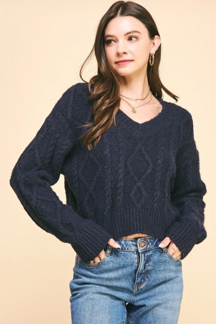 Textured Cable Knit Crop Sweater Product Image