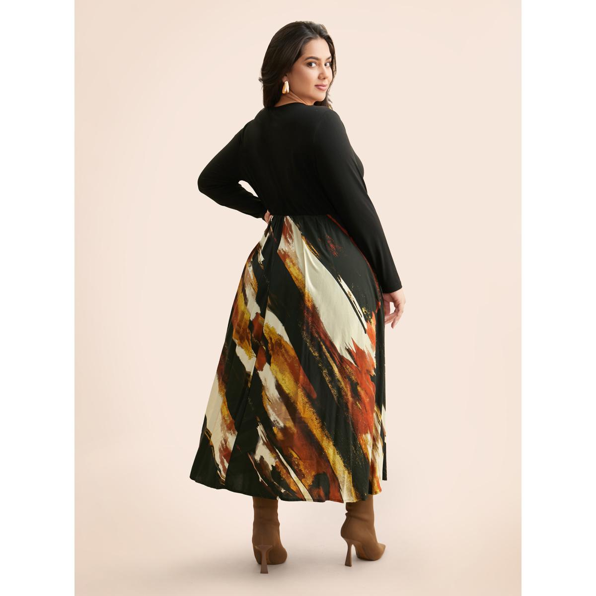 Plus Size V Neck Brush Print Patchwork Dress Black Women At the Office Patchwork V-neck Long Sleeve Curvy BloomChic 14-16/1X Product Image