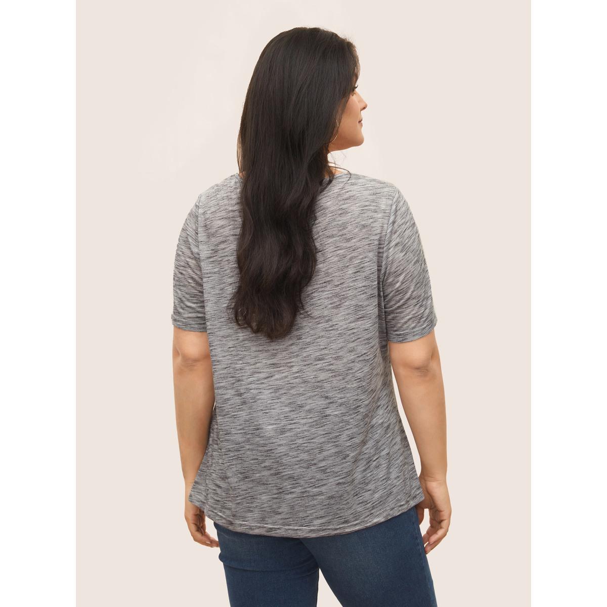 Plus Size Round Neck Heather Pleated Button Detail T-shirt LightGray Women Casual Button Plain Round Neck Everyday T-shirts BloomChic 28/5X Product Image