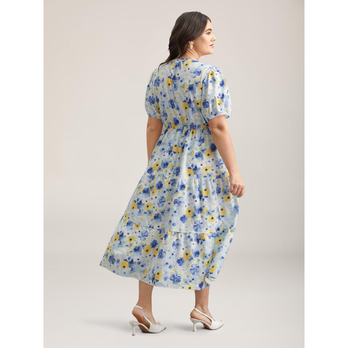 Plus Size Blooming Flowers Puff Sleeve Stretchy-Waist Dress LightBlue Women Elegant Non V-neck Short sleeve Curvy BloomChic 14-16/1X Product Image
