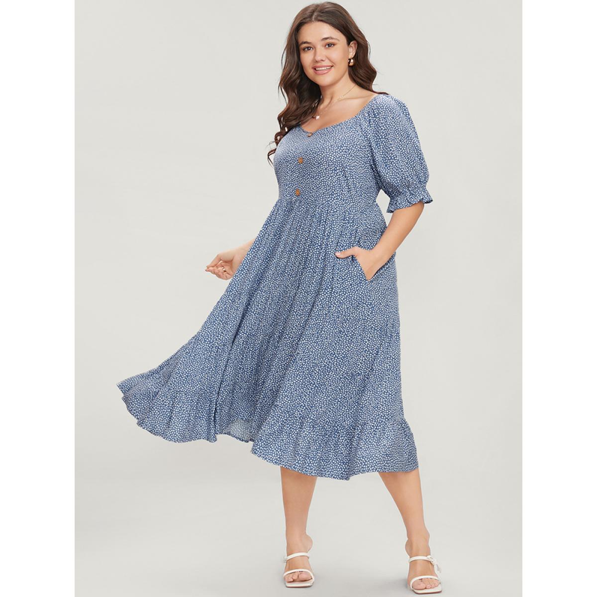 Plus Size Geometric Button Detail Lantern Sleeve Ruffle Tiered Dress LightBlue Women Elegant Patchwork V-neck Half Sleeve Curvy Midi Dress BloomChic 28/5X Product Image