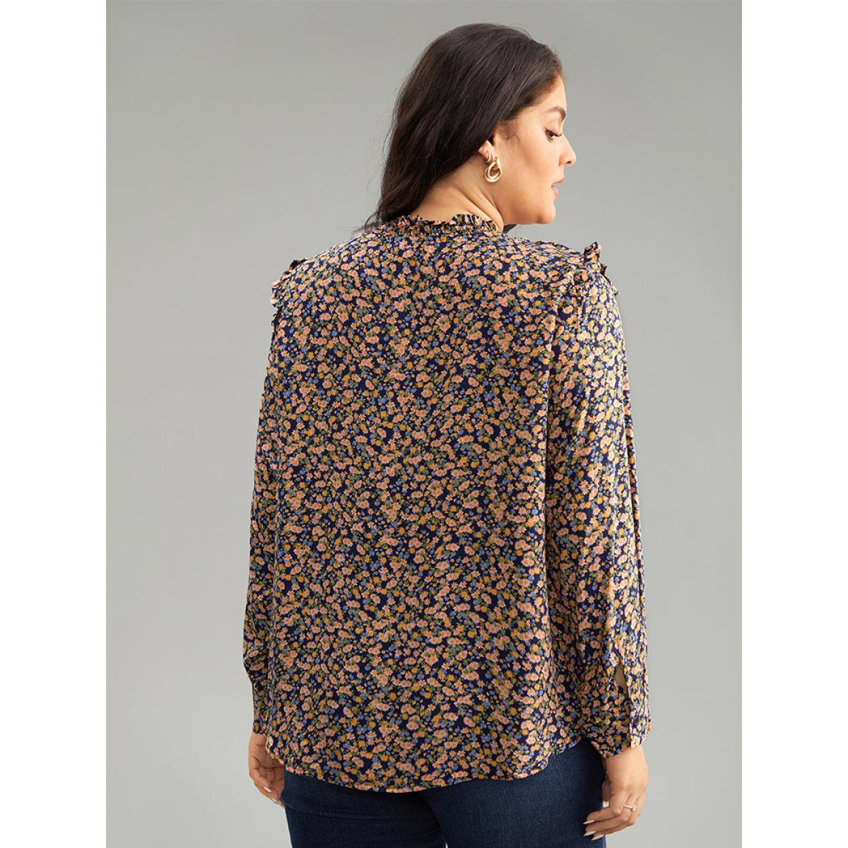 Plus Size Multicolor Ditsy Floral Shirred Ruffle Trim Blouse Women Elegant Long Sleeve Halter neck Dailywear Blouses BloomChic 14-16/1X Product Image