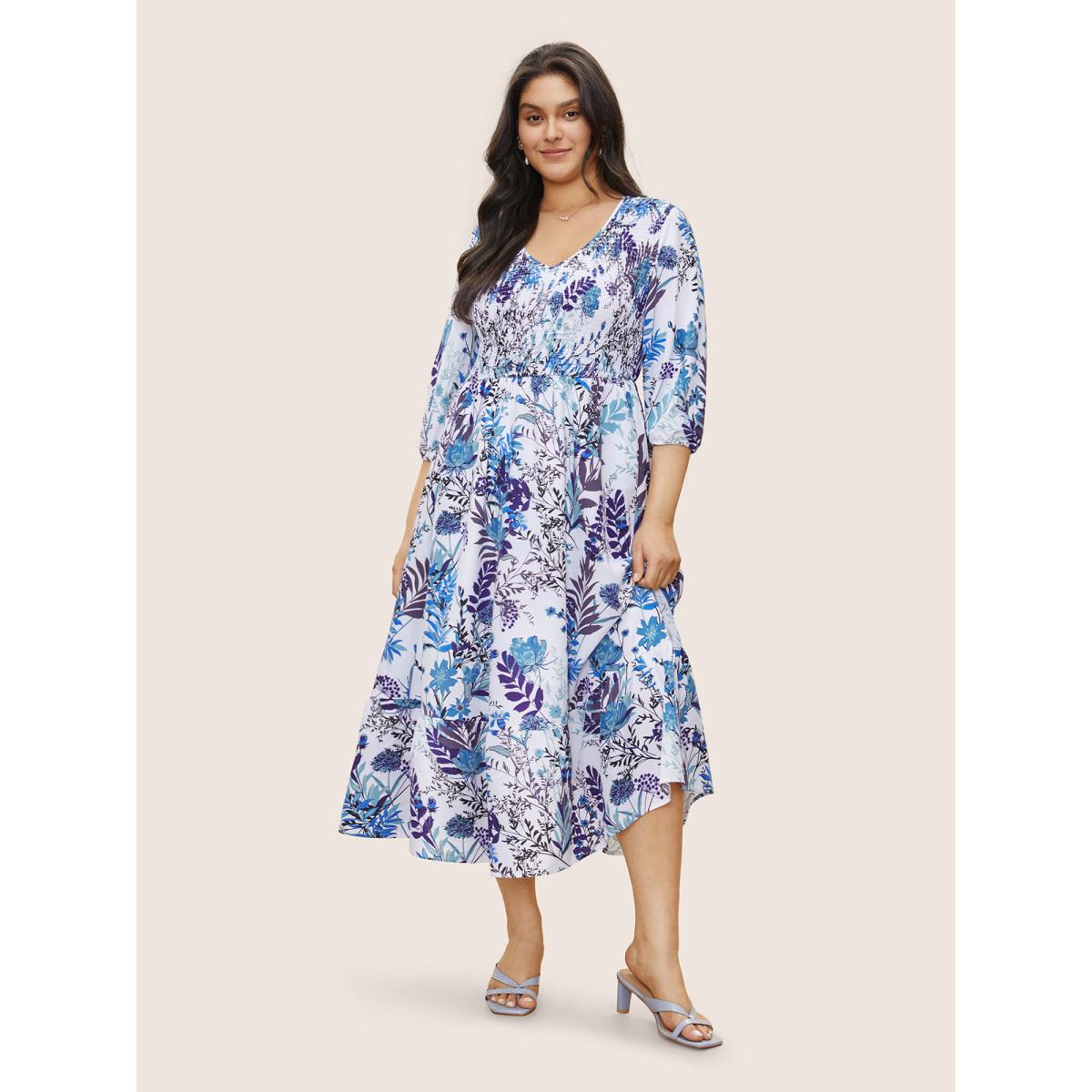 Plus Size Plants Print Shirred Elastic Waist Gathered Dress White Women Elegant Non V-neck Elbow-length sleeve Curvy Midi Dress BloomChic 18-20/2X Product Image