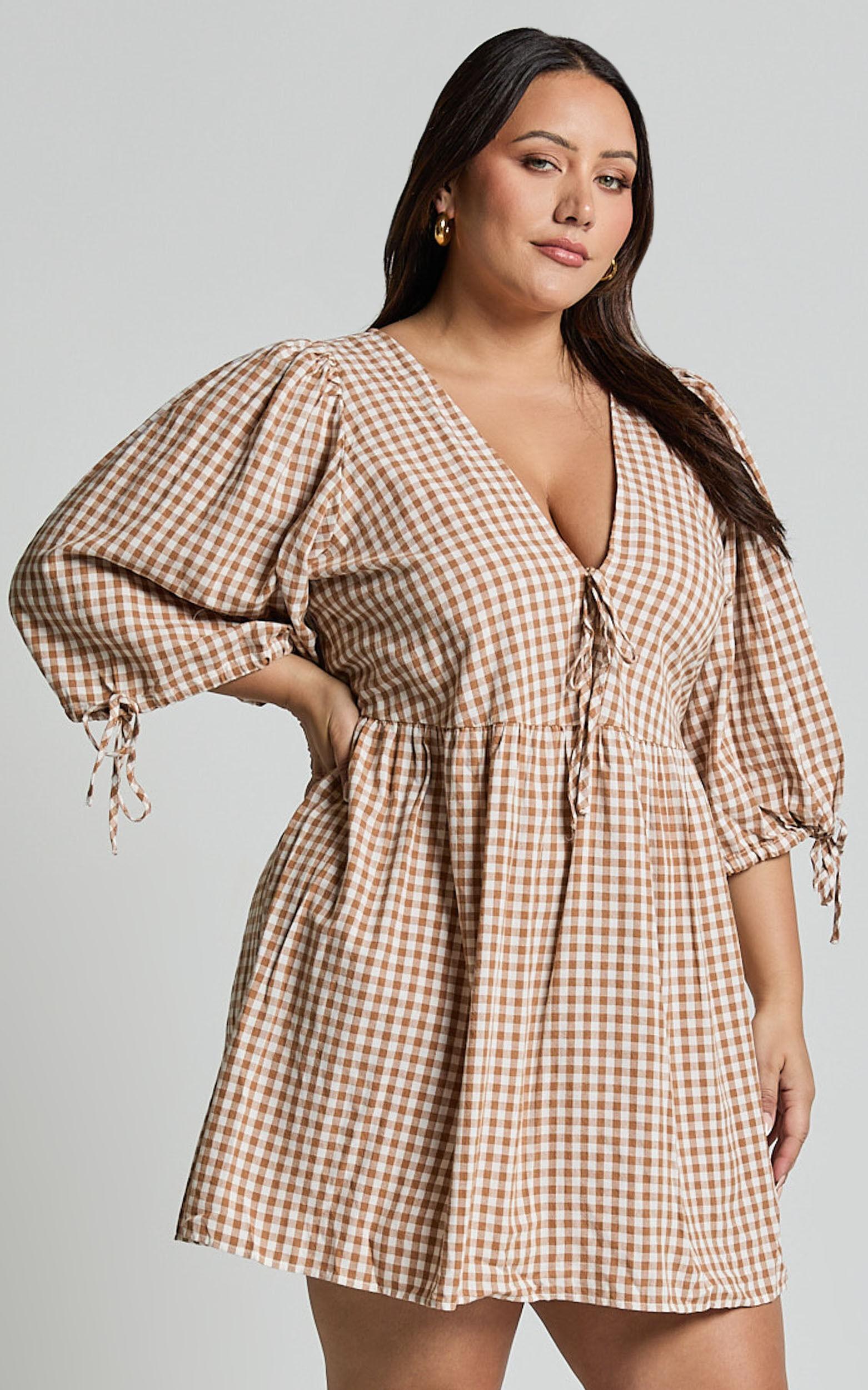Rosita Mini Dress - Tie Front Puff Sleeve Dress in Caramel & White Gingham Product Image
