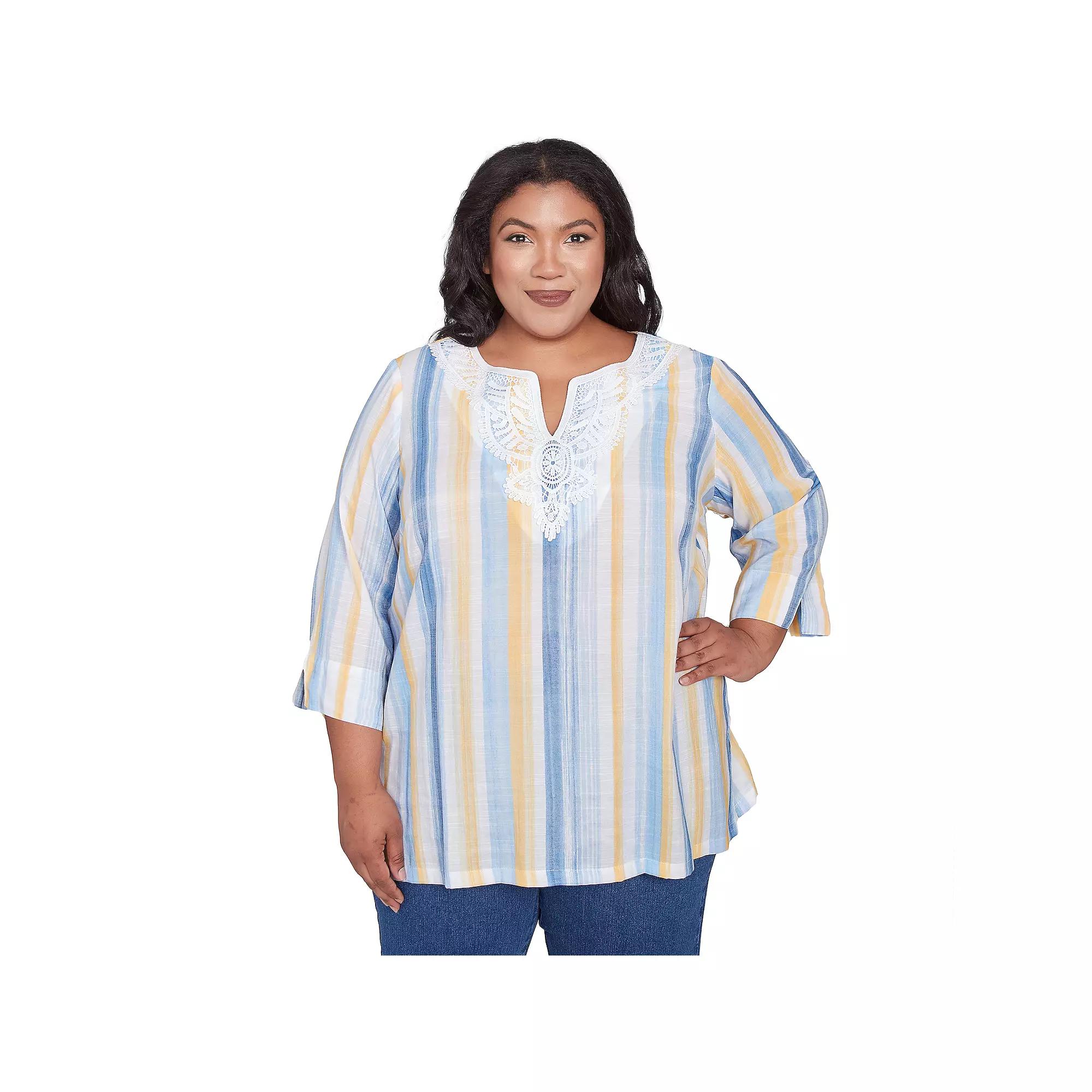 Plus Size Alfred Dunner Striped Flower Detail Button Front Top, Women's, Size: 2XL, Blue Team Product Image