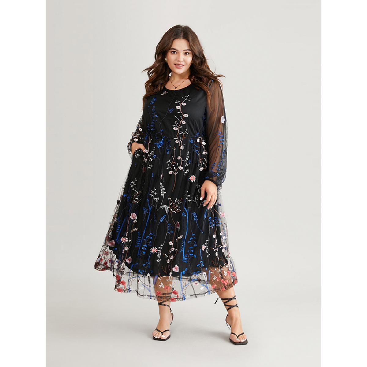 Plus Size Floral Embroidered Mesh Lantern Sleeve Pocket Midi Dress Black Women Glamour Embroidered Round Neck Long Sleeve Curvy Midi Dress BloomChic 14-16/1X Product Image