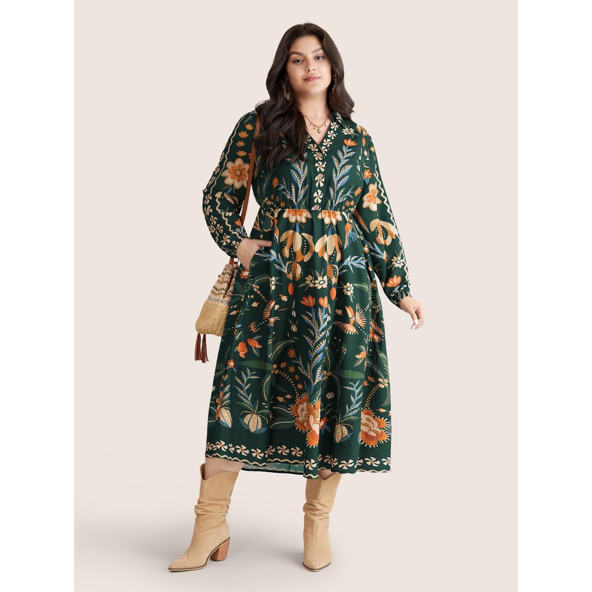 Plus Size Bandana Print Pocket Lapel Collar Elastic Cuffs Dress DarkGreen Women Resort Non V-neck Long Sleeve Curvy Midi Dress BloomChic 10/M Product Image