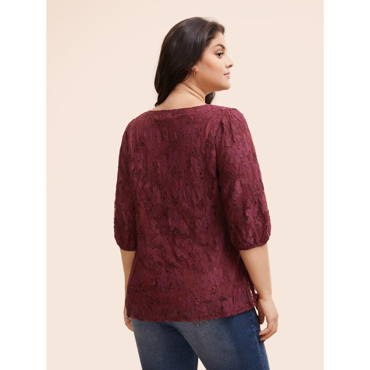 Plus Size Burgundy Square Neck Lace Panel Lantern Sleeve Blouse Women Timeless Elbow-length sleeve Square Neck Elegant Blouses BloomChic 22-24/3X Product Image