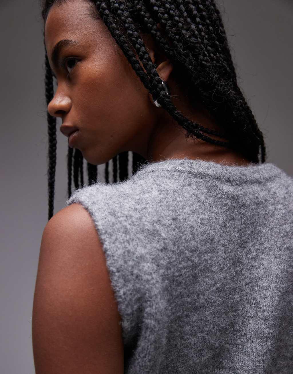 Topshop knitted gold button tank in gray Product Image