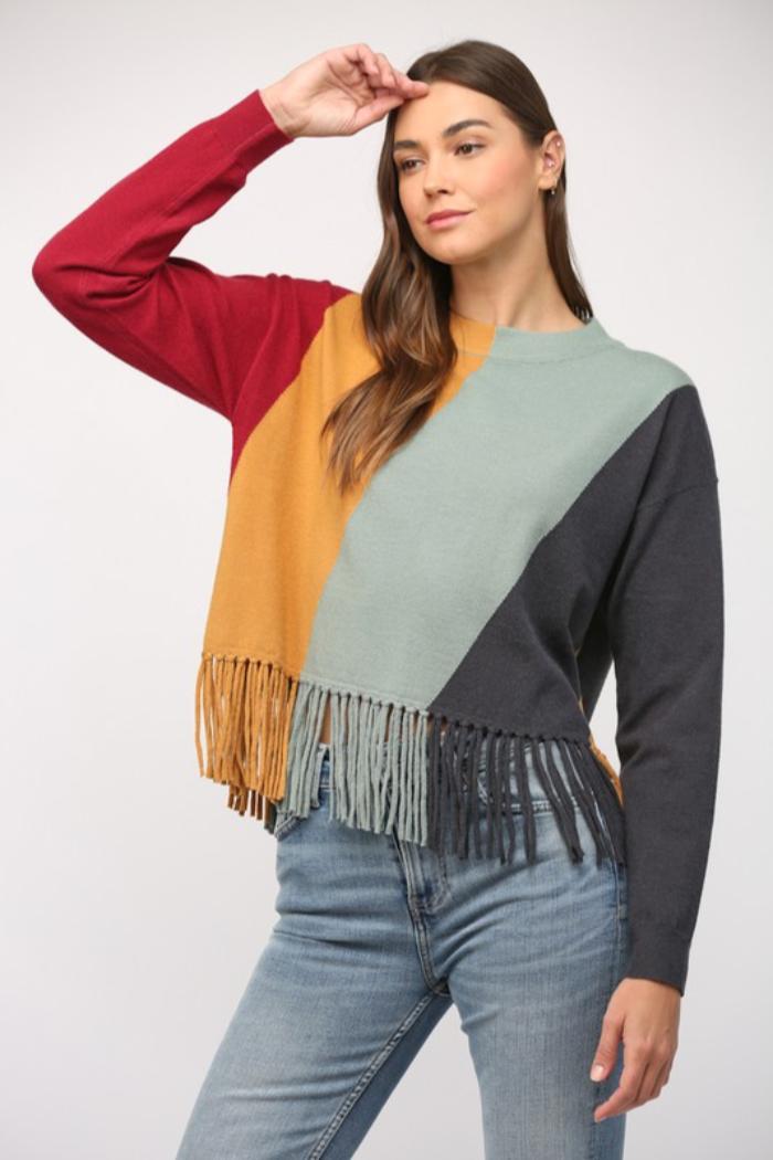 Colorblock Fringe Sweater Product Image