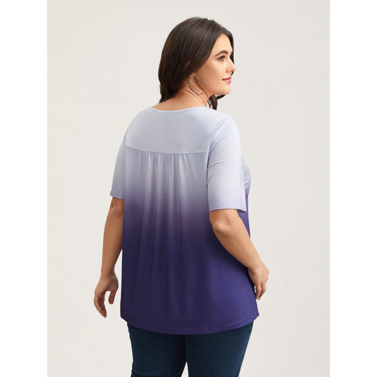 Plus Size Gradient Pleated Button-Front T-Shirt Deeppurple Women Casual Gathered Round Neck Everyday T-shirts BloomChic 14-16/1X Product Image