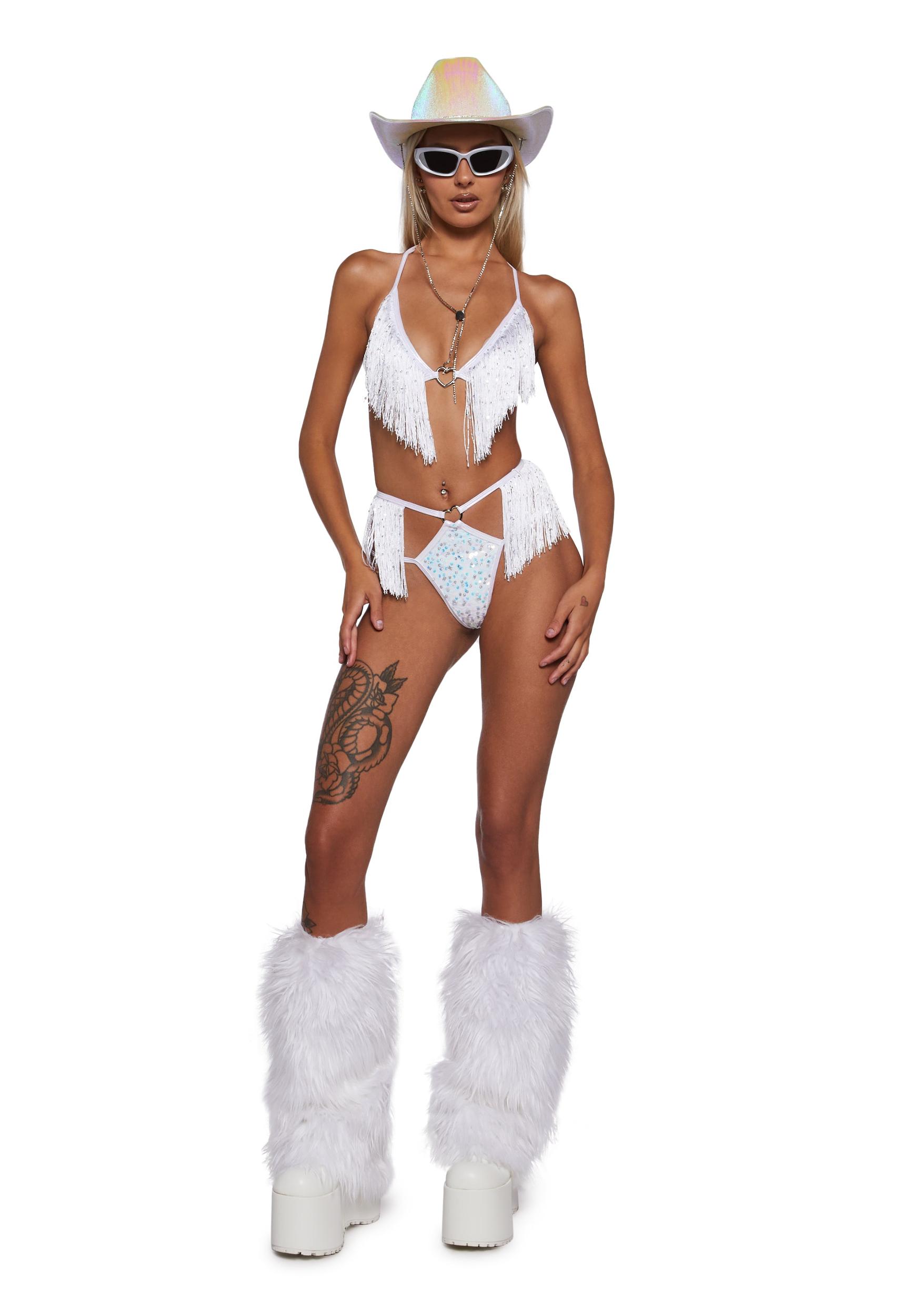 Womens Sexy Fringe Sequin Bra And Shorts Set - White Product Image