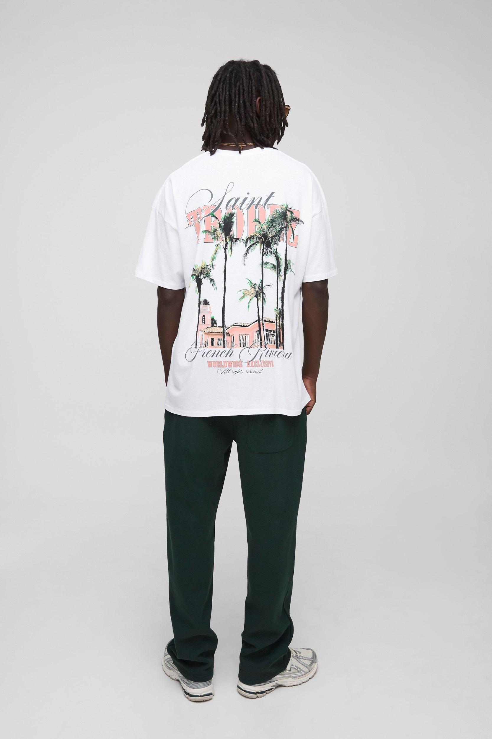 White Oversized Saint Tropez Multi Palm T-Shirt | boohooMAN USA Product Image