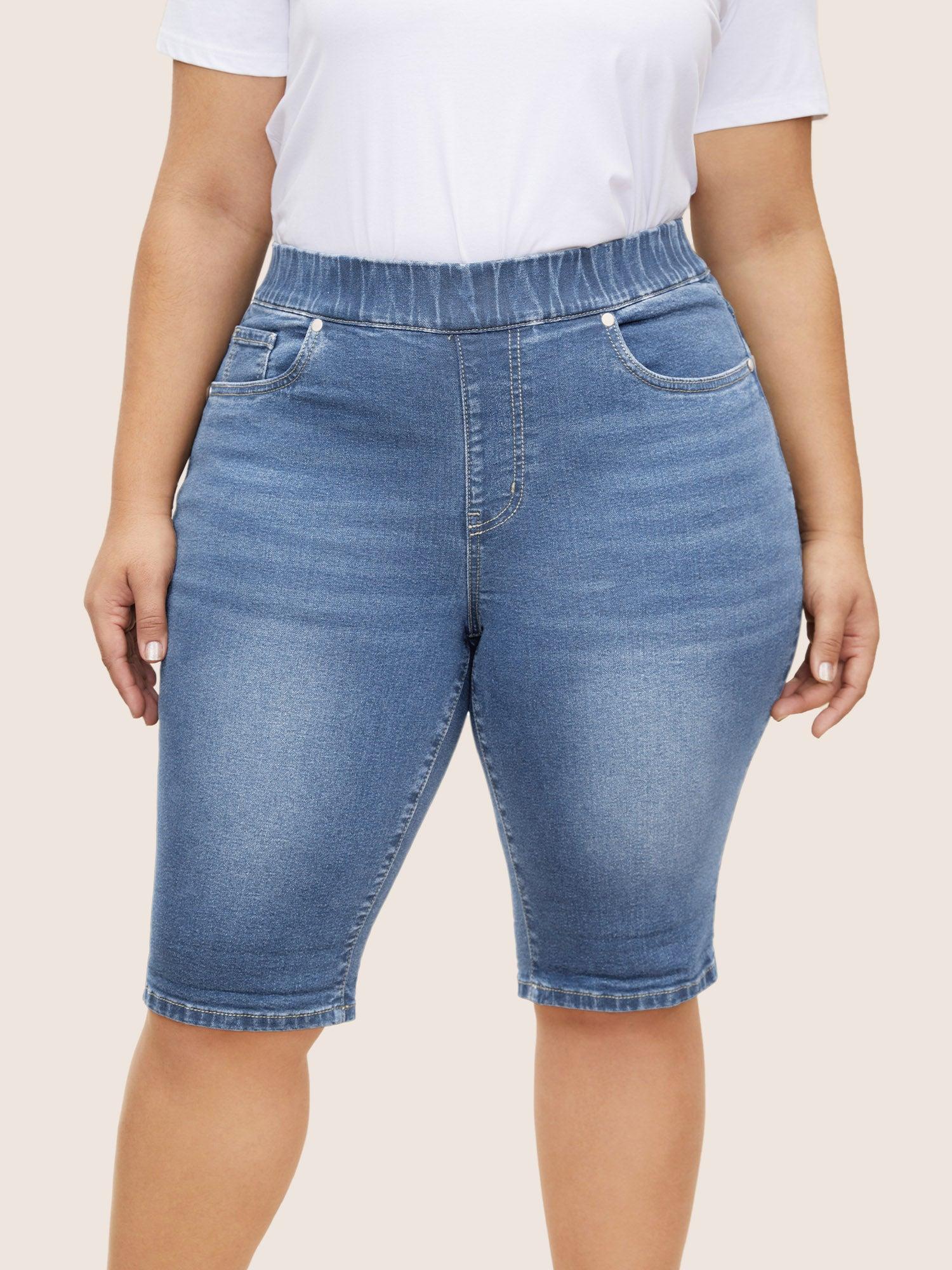 Roll Hem Elastic Waist Dark Wash Denim Shorts Female Product Image