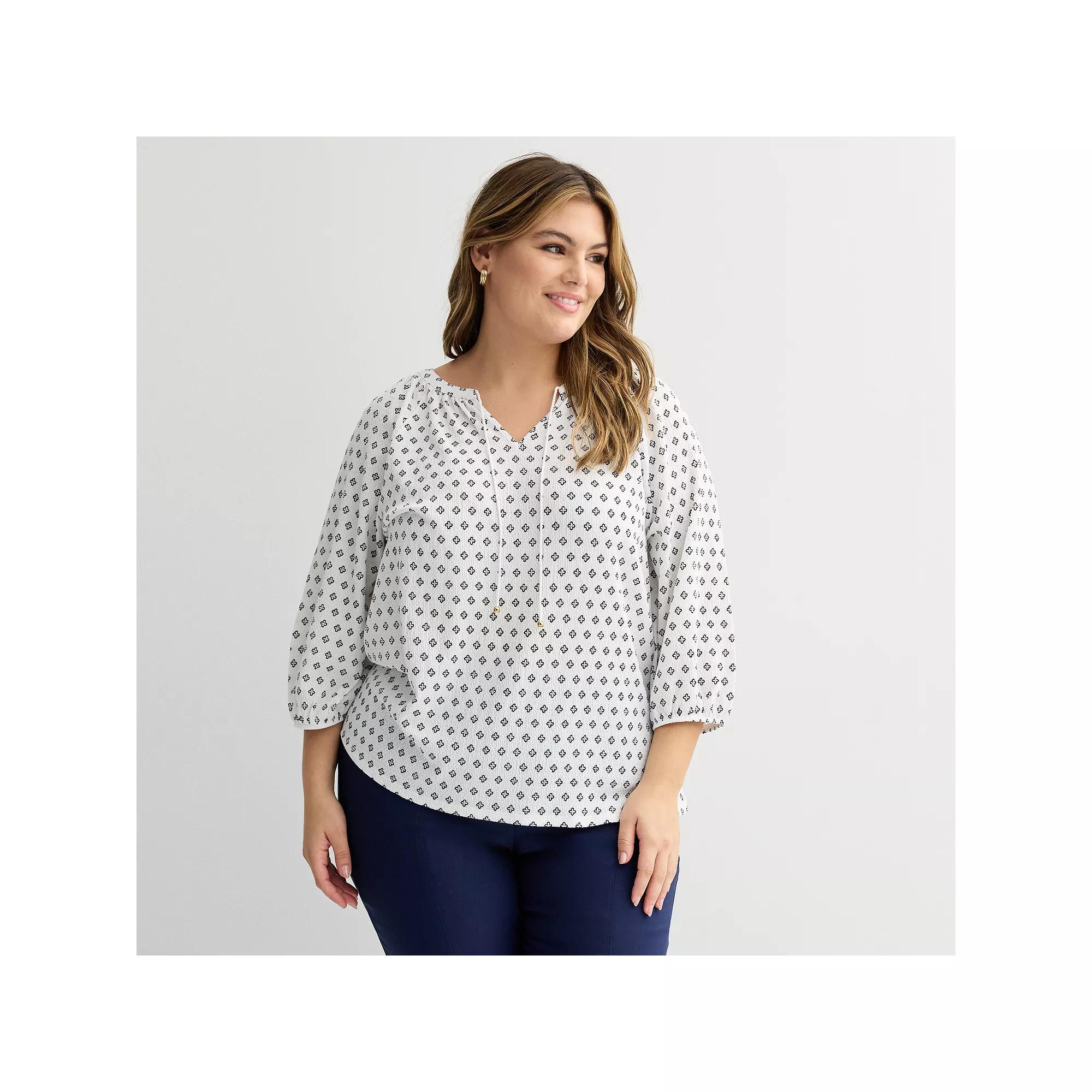 Plus Size Croft & Barrow® 3/4-Sleeve Peasant Top, Women's, Size: 3XL, White Geo Product Image