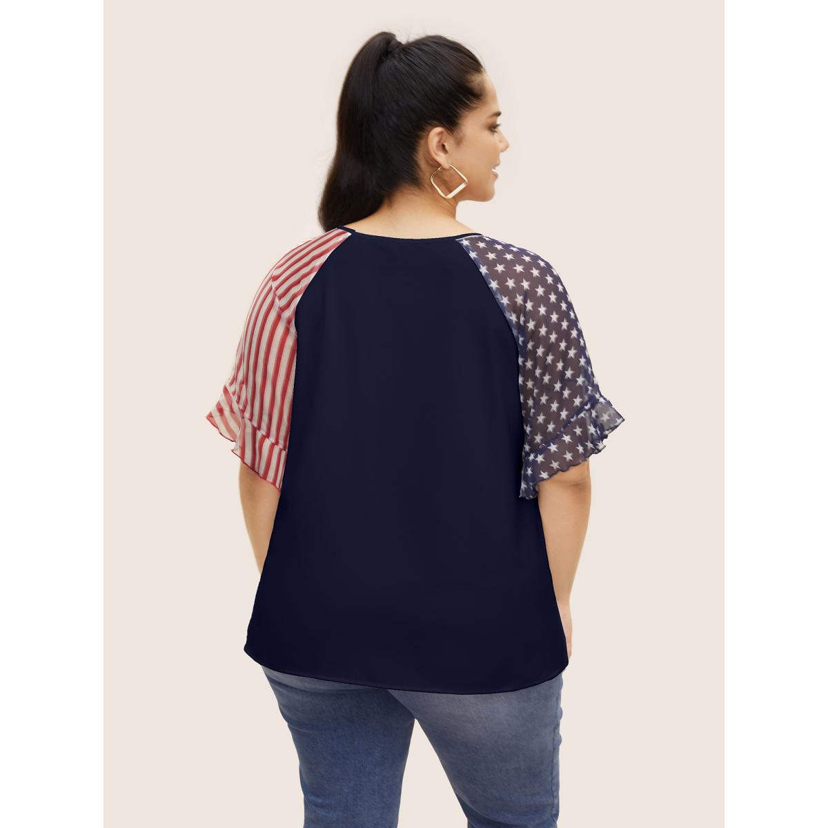 Plus Size Midnight Star & Striped Ruffles Raglan Sleeve Blouse Women Casual Short sleeve V-neck Everyday Blouses BloomChic 10/M Product Image