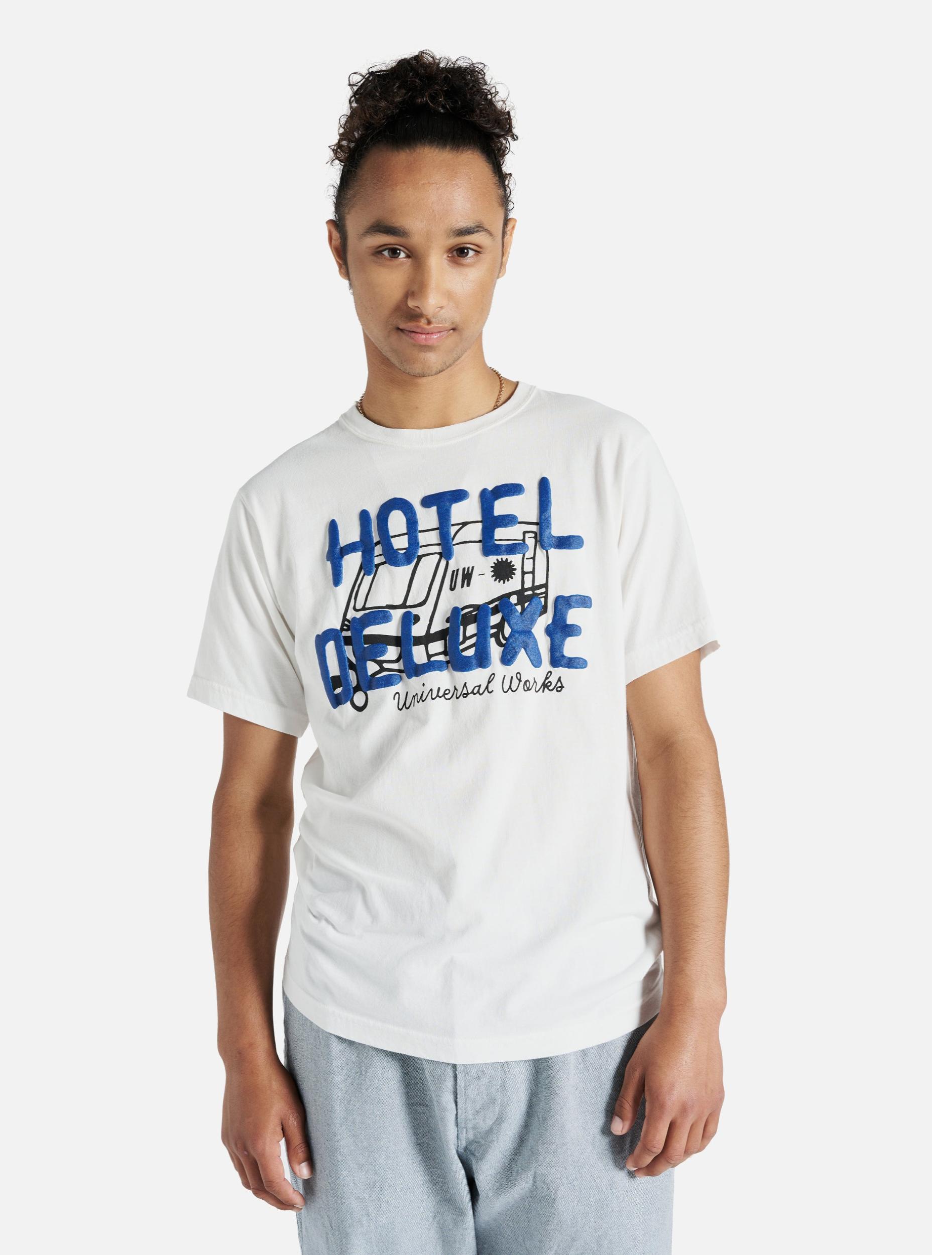 Universal Works Print Tee in Ecru 'Hotel Deluxe' Single Jersey Product Image