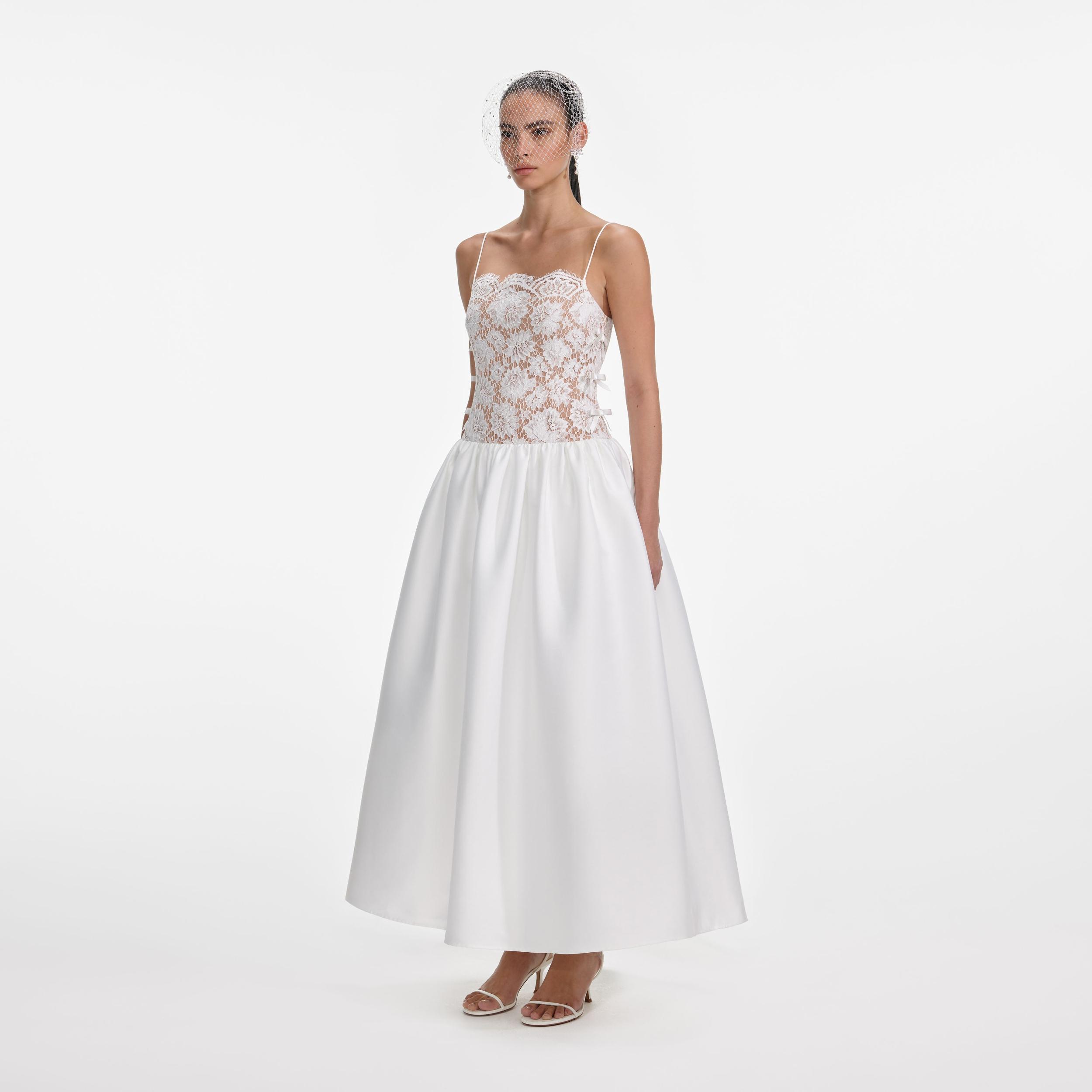 White Lace Taffeta Maxi Dress Product Image
