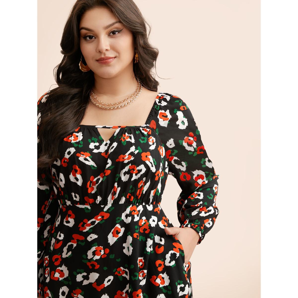 Plus Size Square Neck Animal Print Keyhole Dress Black Women Elegant Gathered Square Neck Long Sleeve Curvy BloomChic 26/4X Product Image