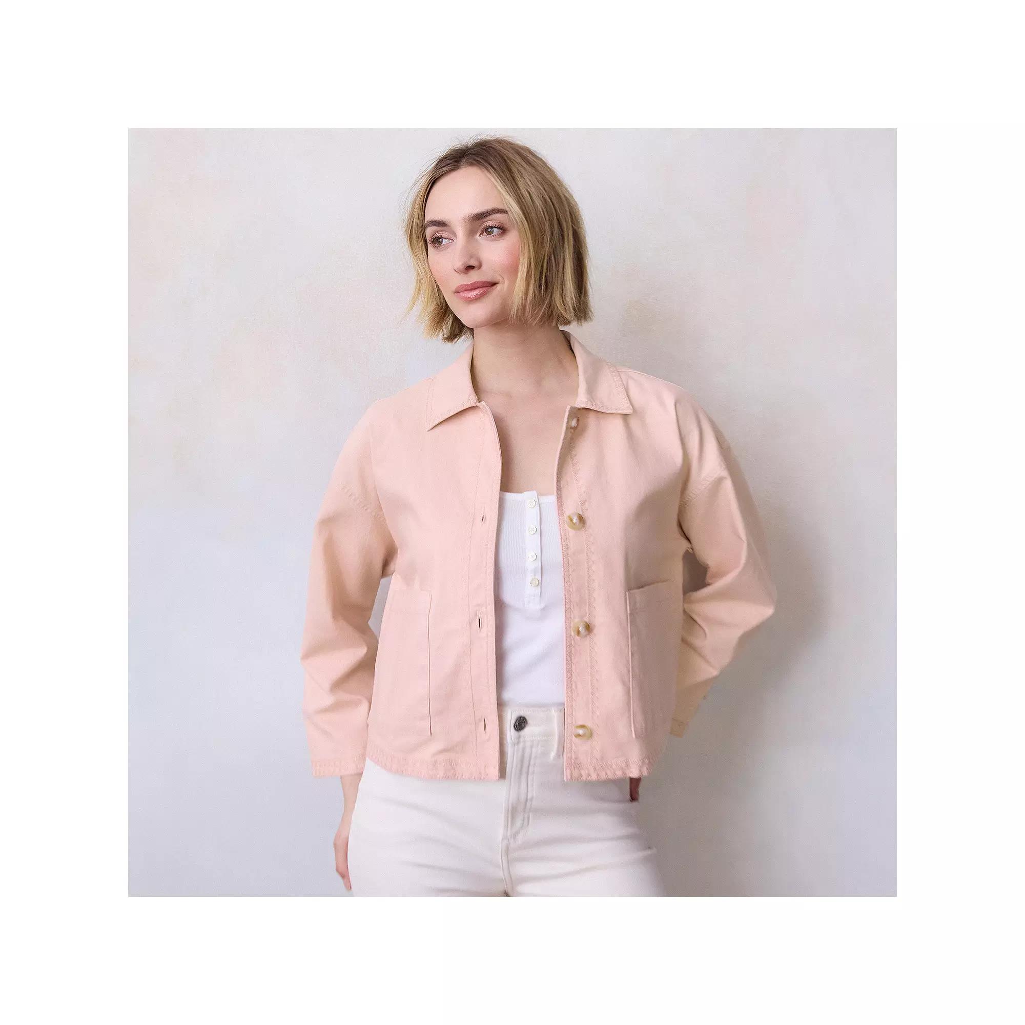 Petite LC Lauren Conrad Relaxed Femme Trucker Jacket, Women's, Size: Medium Petite, Pink Rhinestone Product Image