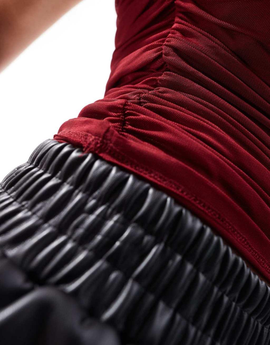 ASOS DESIGN gathered short sleeve off shoulder mesh top in burgundy  Product Image