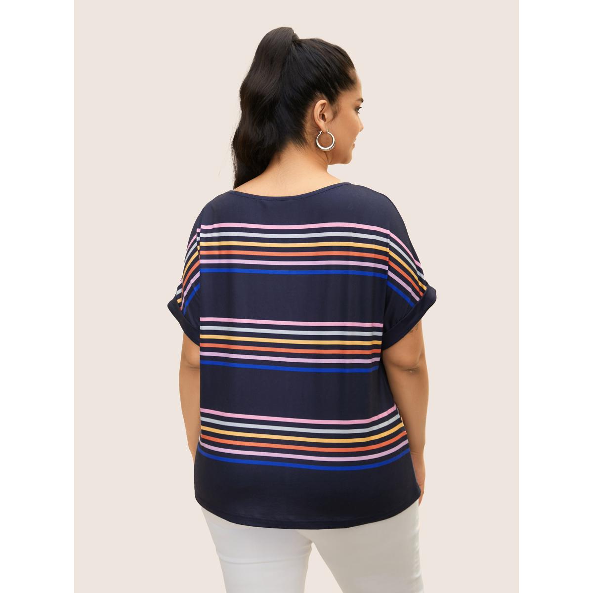 Plus Size Colored Striped Boat Neck Batwing Sleeve T-shirt Indigo Women Casual Contrast Boat Neck Everyday T-shirts BloomChic 28/5X Product Image
