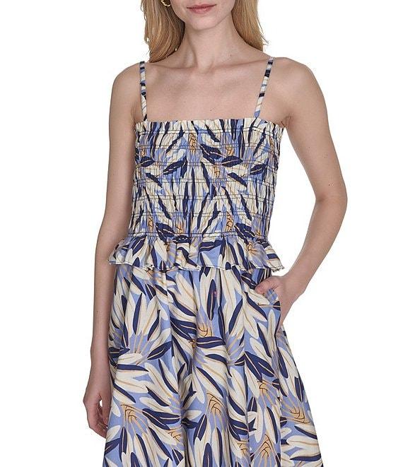 Vince Camuto Printed Square Neck Sleeveless Smocked Midi Dress Product Image