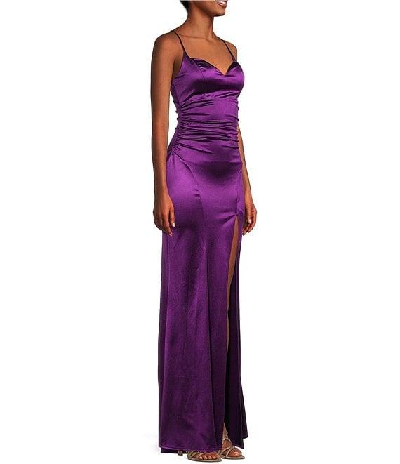 Honey and Rosie Spaghetti Strap V-Neck Royal Sateen Dress Product Image