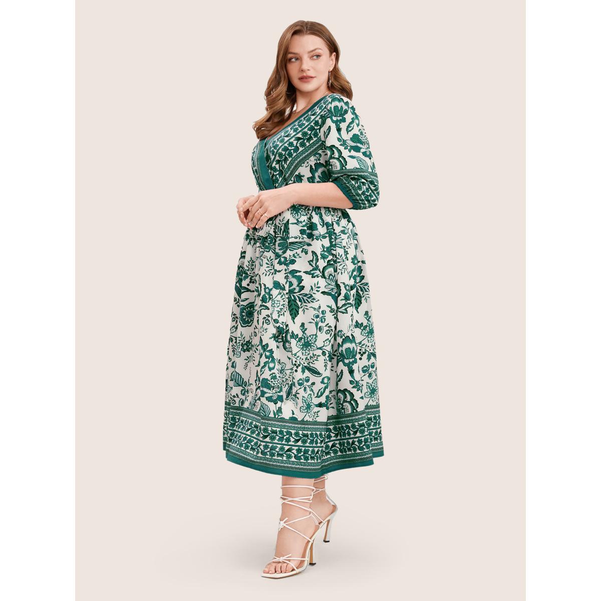 Plus Size Bandana Print Surplice Neck Lantern Sleeve Pocket Belted Midi Dress Green Women Resort Non V-neck Half Sleeve Curvy Midi Dress BloomChic 30/6X Product Image