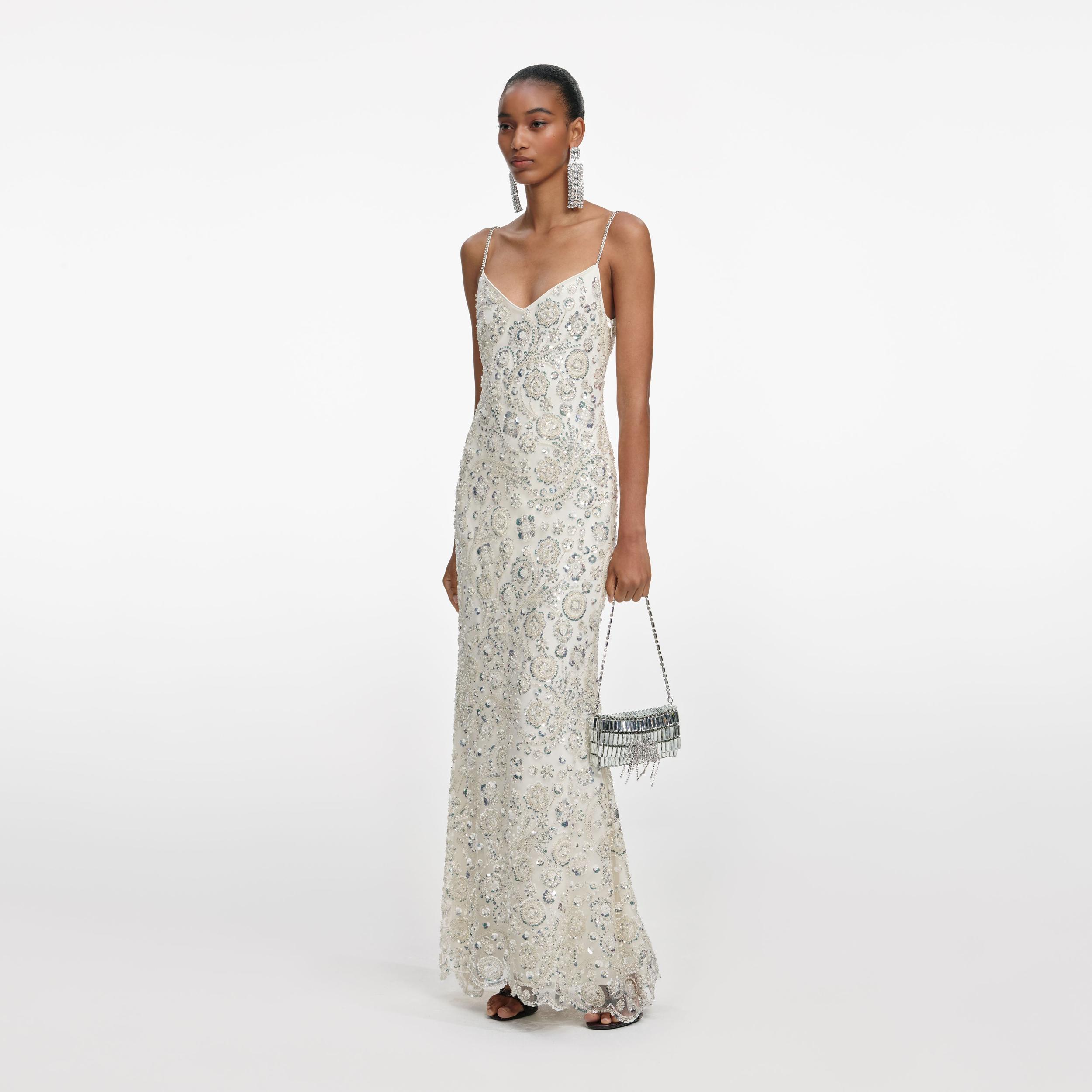 Cream Floral Sequin Maxi Dress Product Image
