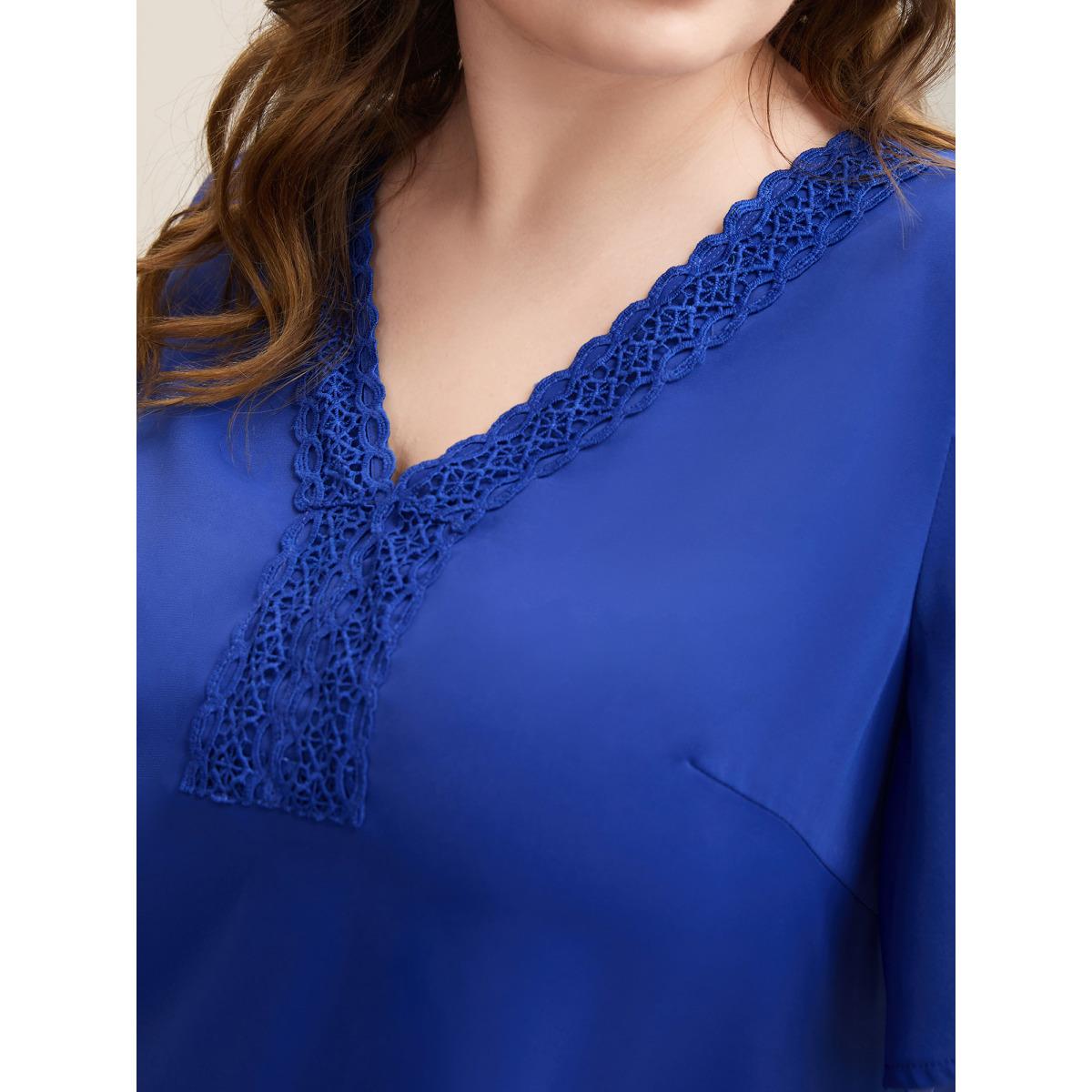 Plus Size Black Sheer Grid Neck Keyhole Blouse Women Short sleeve Round Neck Work Blouses BloomChic 12/L Product Image