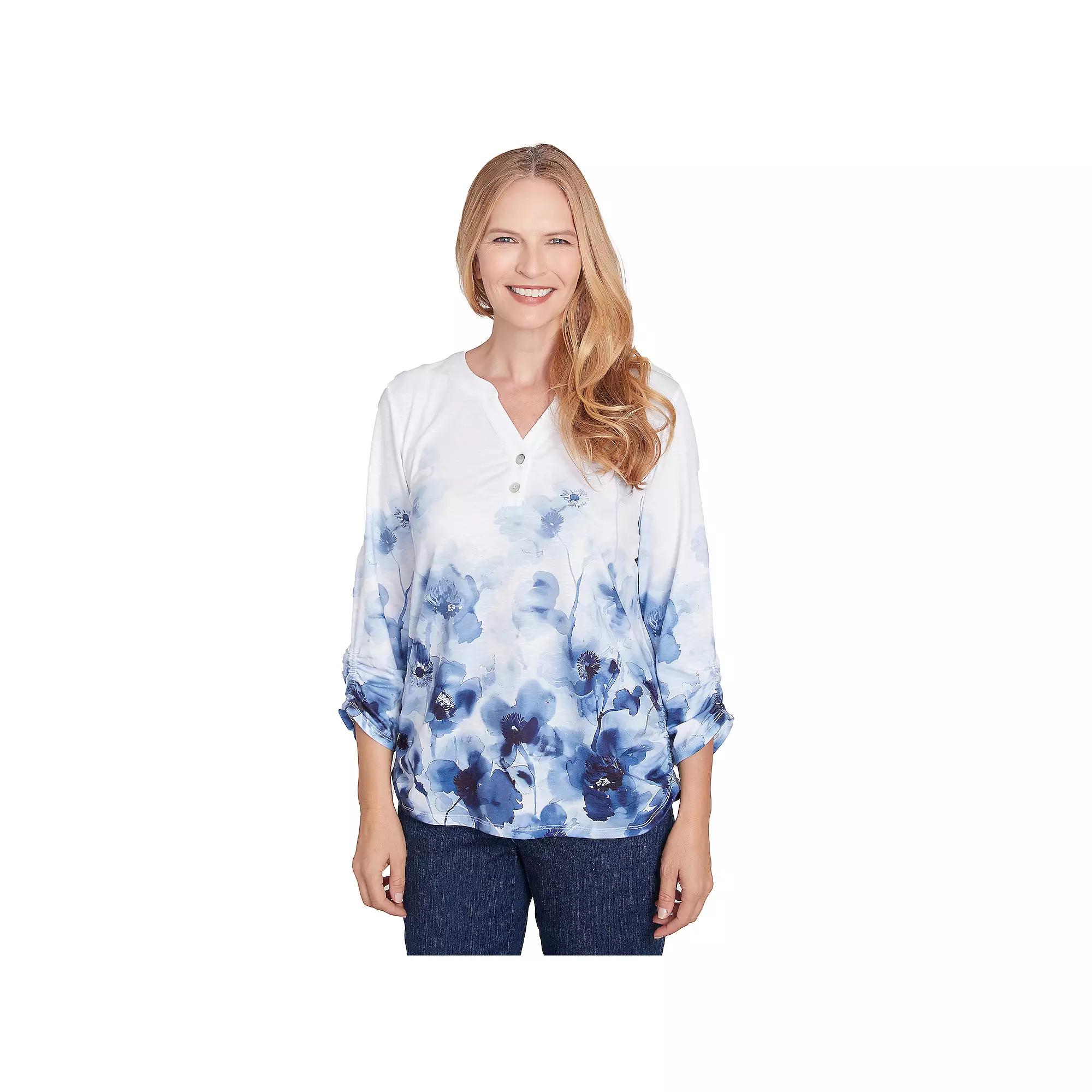 Women's Alfred Dunner Floral Border Ruched Sleeve Henley Top, Size: Medium, Multi Blue Product Image
