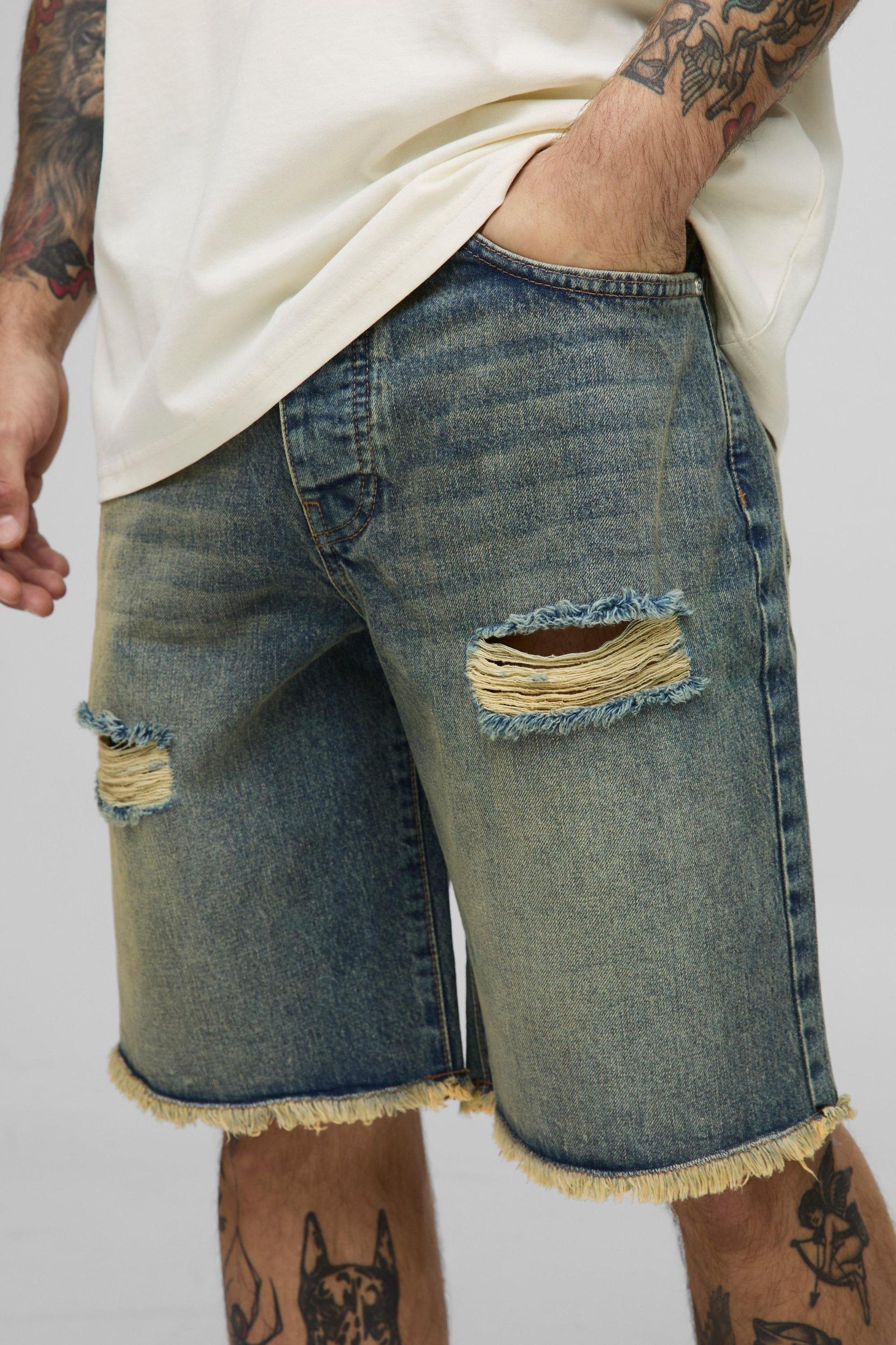 Relaxed Fit Ripped Washed Denim Shorts | boohooMAN USA Product Image